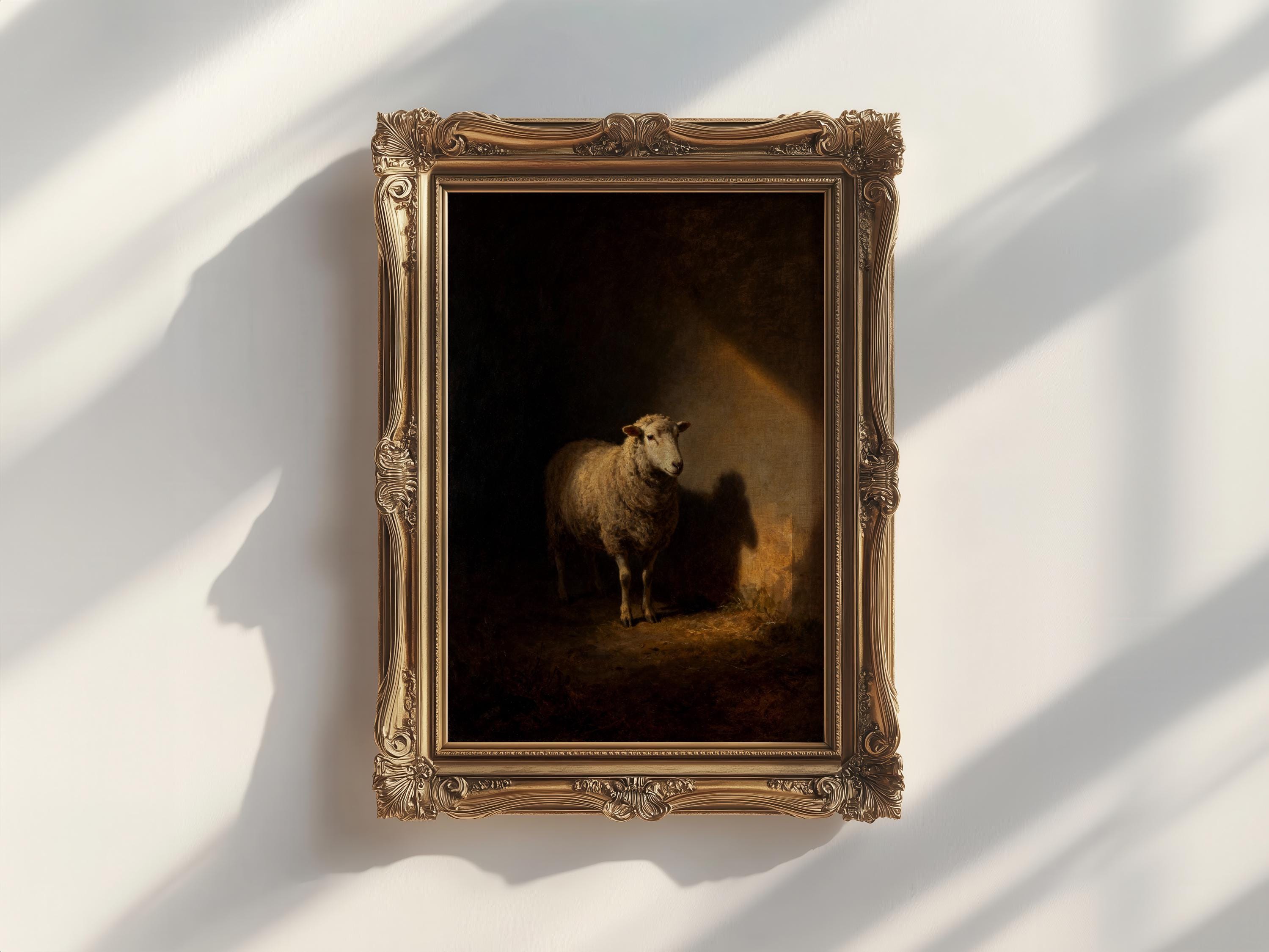 a painting of a sheep in a dark, shadowy environment, hanging on a white wall.
