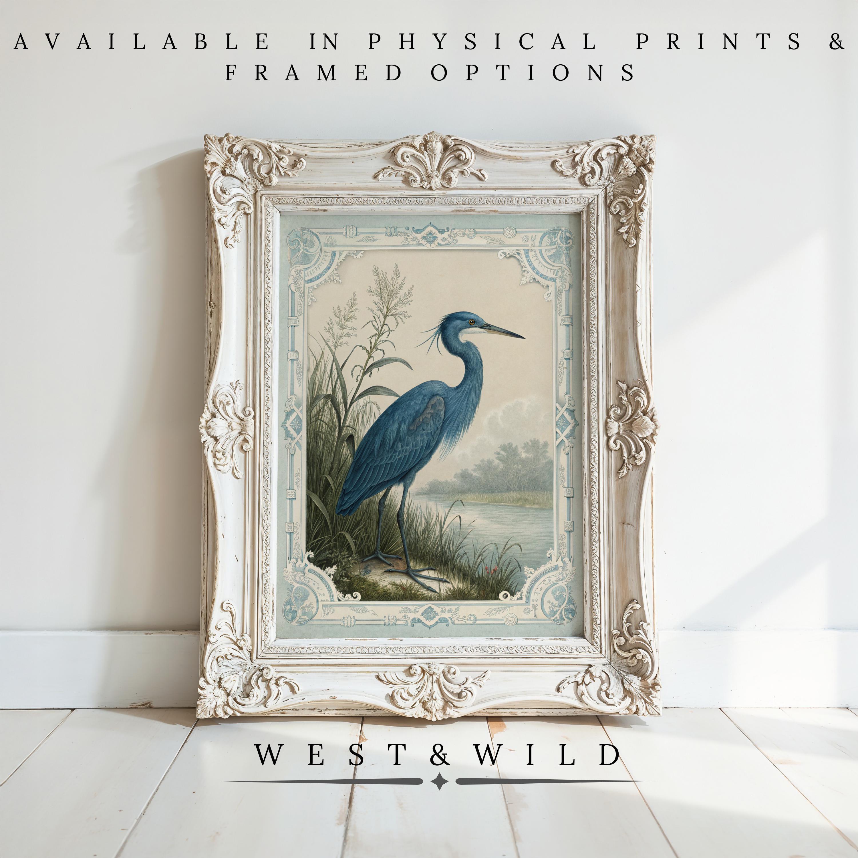 A framed archival print of a Great Blue Heron in William Morris style, displayed on a white wall with sunlight. "Available in physical prints & framed options" above; "West & Wild Art Archive" below. Great Blue Heron Print – Vintage Bird Wall Art.