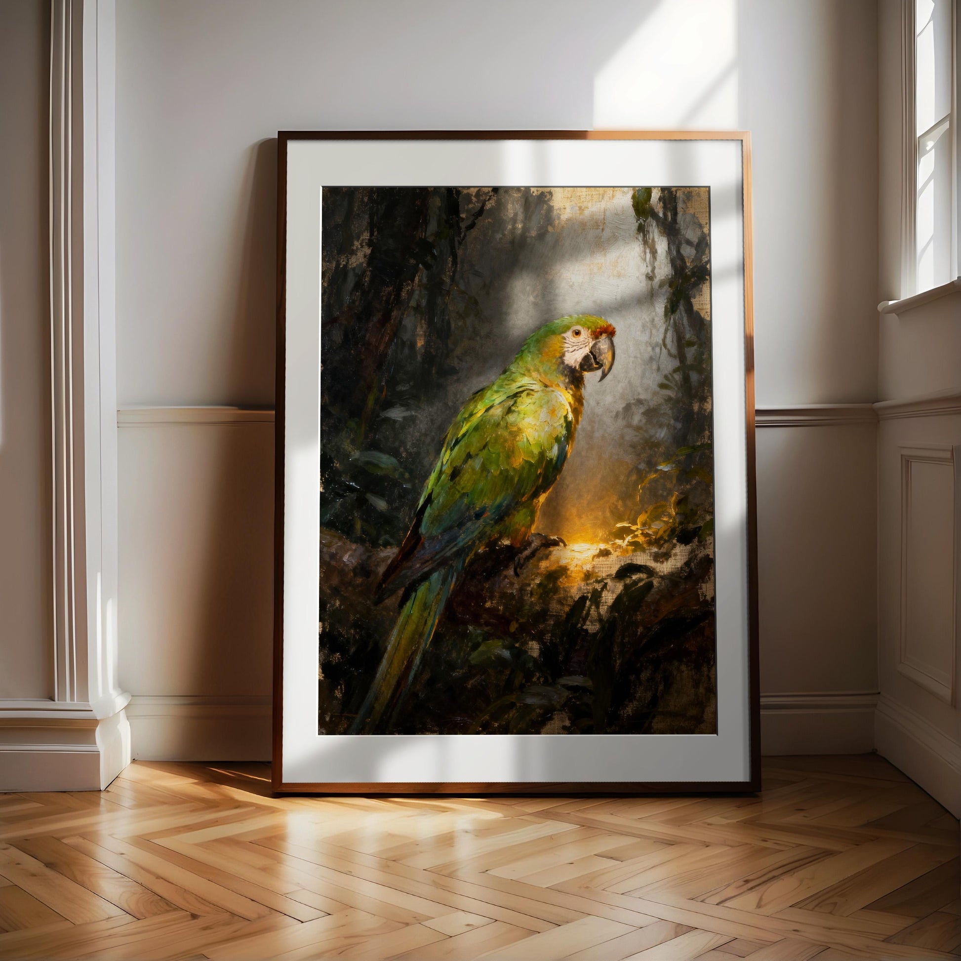 A framed painting of a vibrant green parrot perched on a branch in a lush, verdant forest setting.
