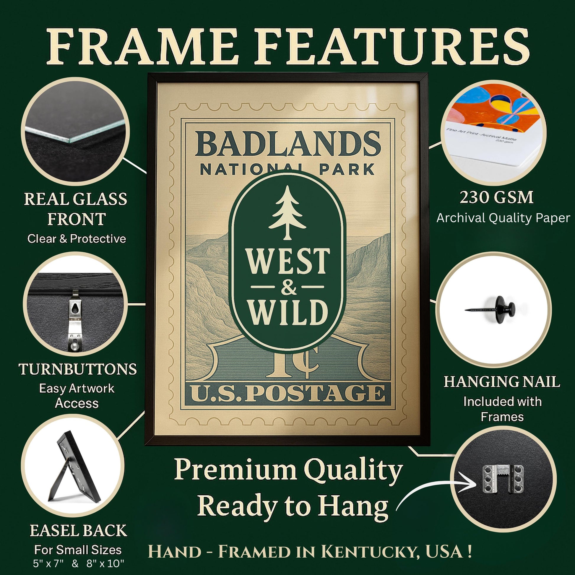 Premium frame features: Real glass, 230 GSM archival paper, and easel backs. Hand-framed quality at West & Wild Art Archive.