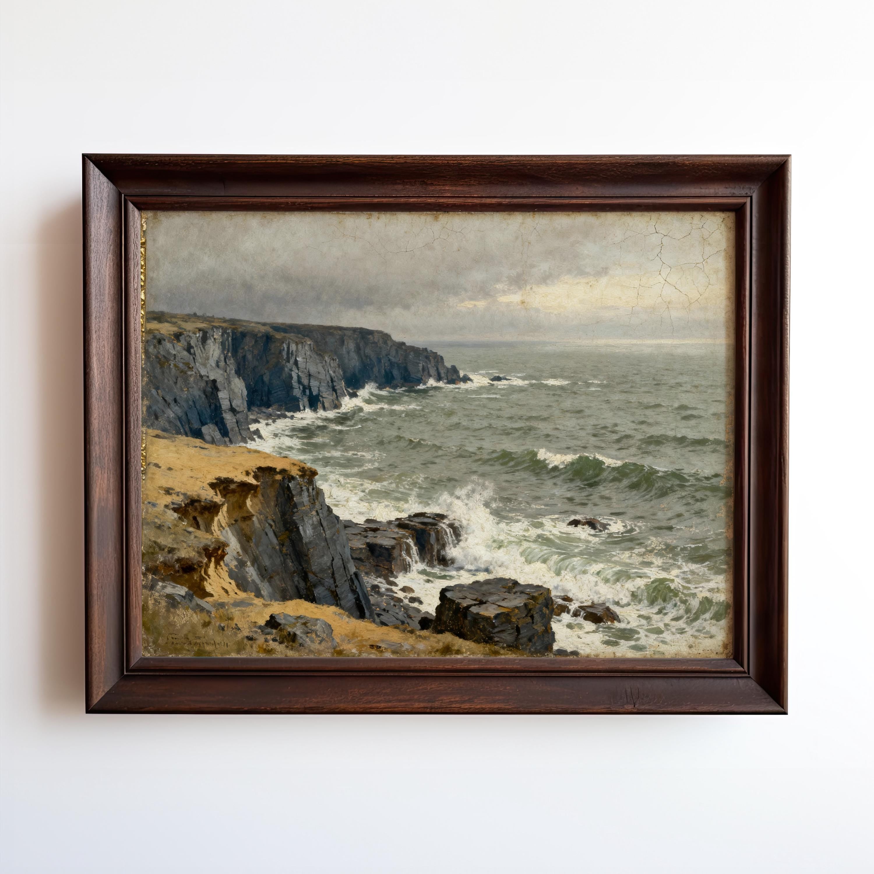 The image is a framed painting depicting a rocky coastline with crashing waves and a stormy sky.