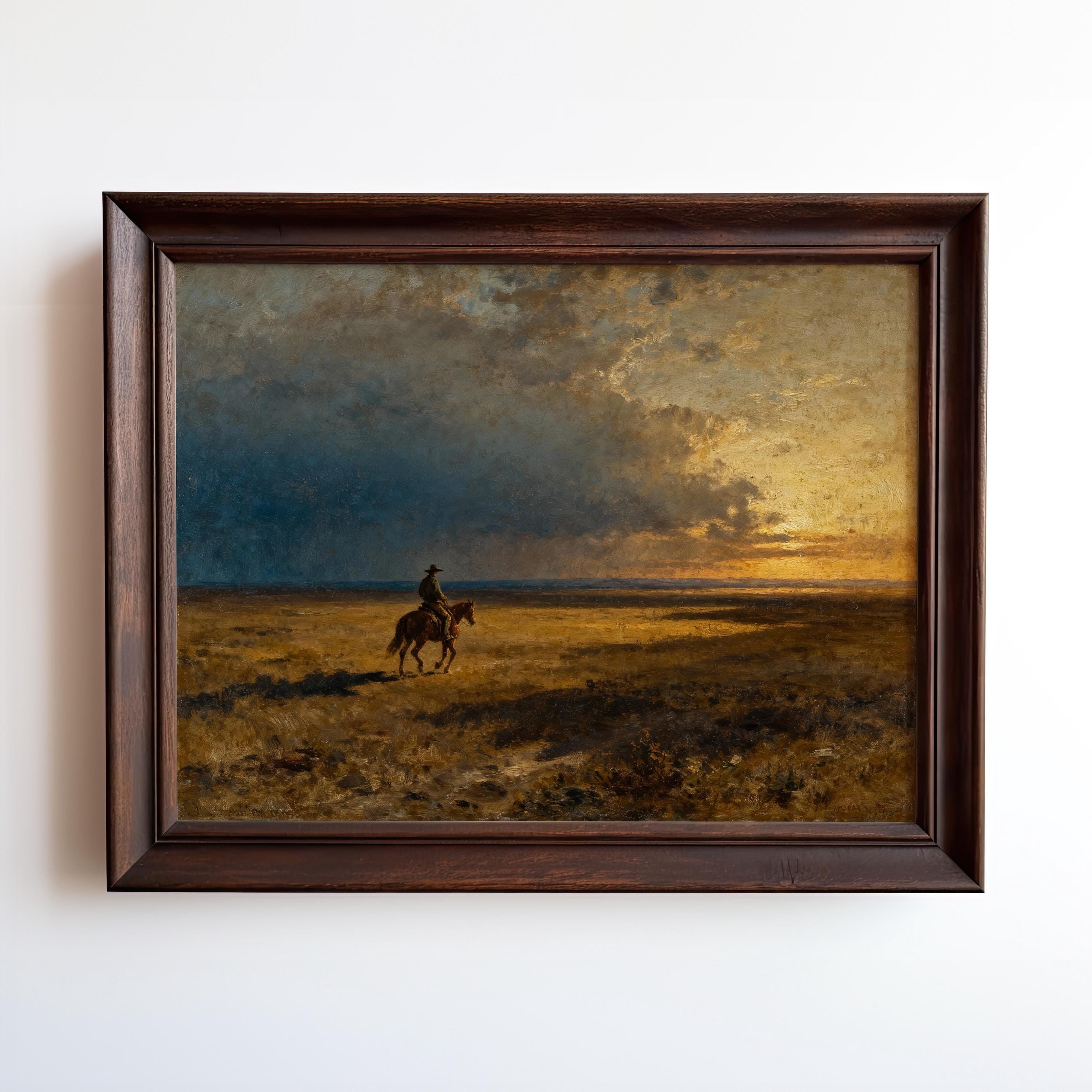 a cowboy riding a horse in a field, with a dramatic sky in the background.