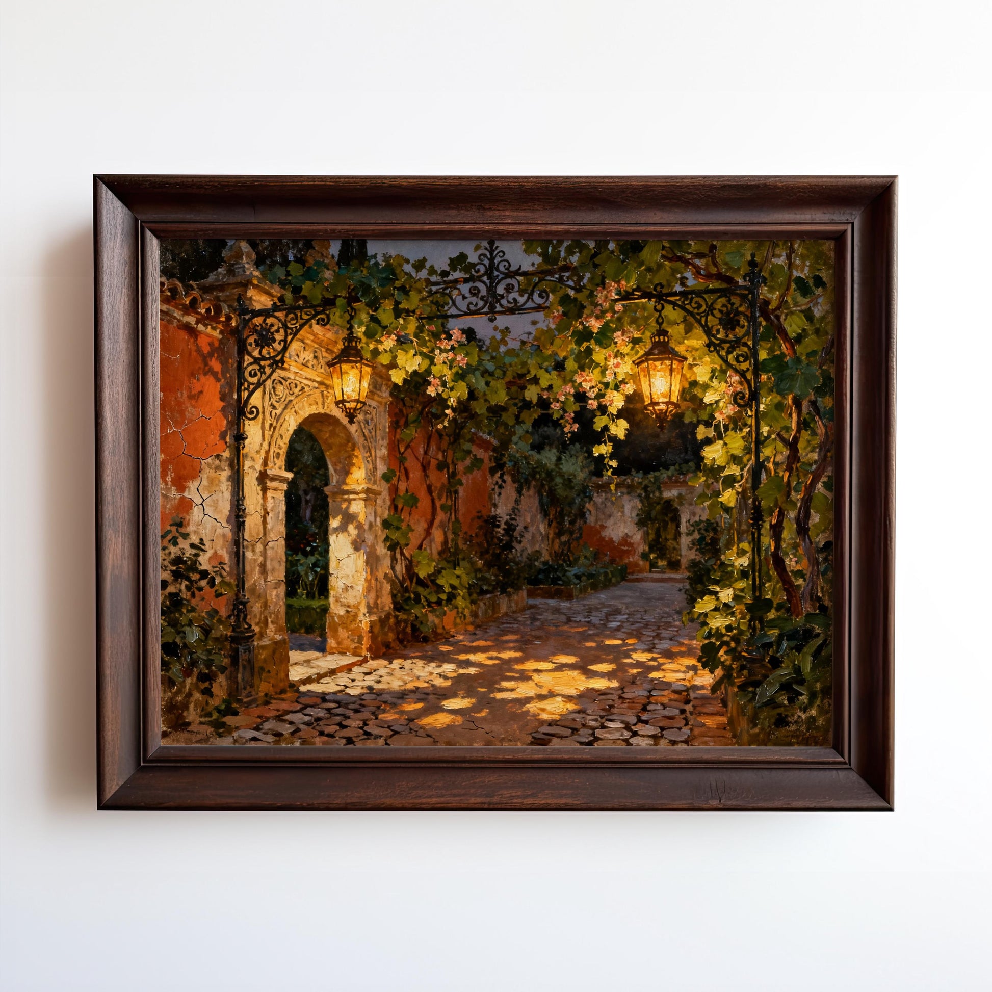 The image is a framed painting depicting a picturesque alleyway with a stone archway, lush greenery, and warm lighting.