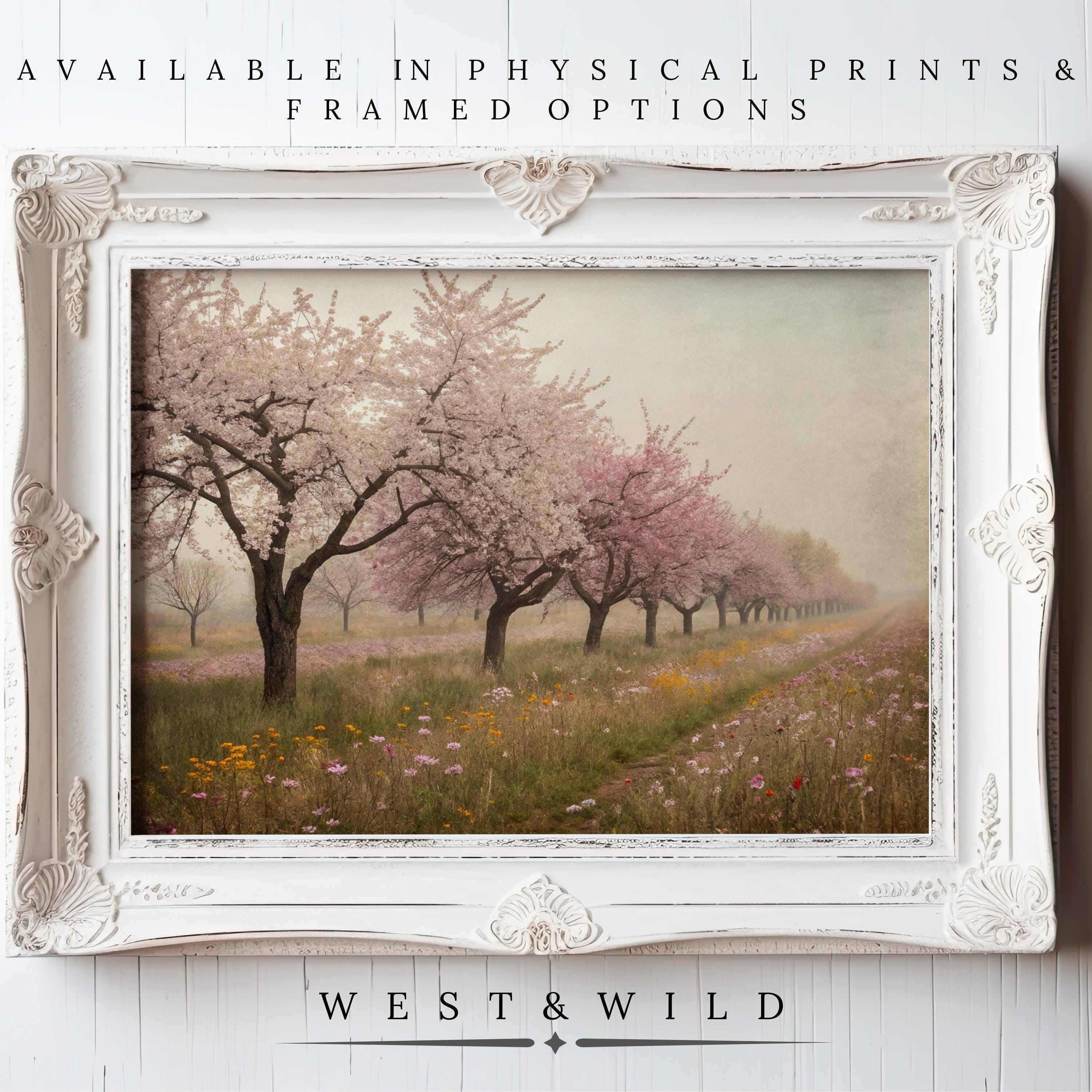 Cherry Blossom Wall Art | Classic Botanical Prints & Wildflower Wall Decor—vintage art print of pink cherry trees framing a path through a wildflower meadow. Available as physical and framed prints. "West & Wild Art Archive" below the artwork.