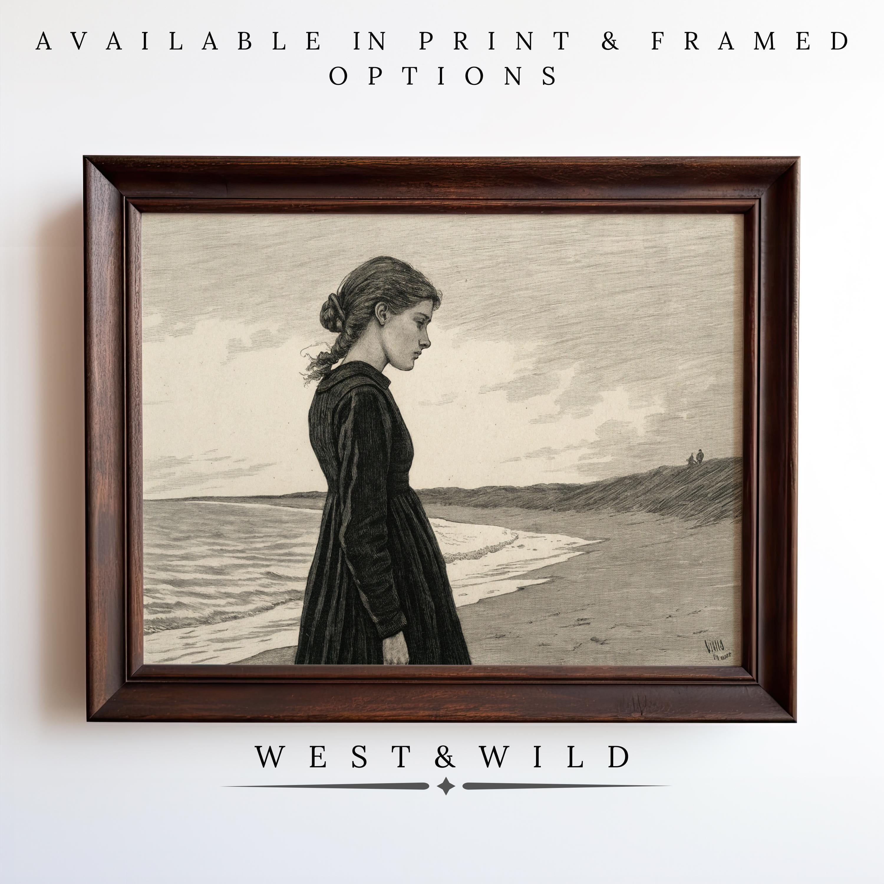 A grayscale drawing of a woman in a long dress stands on the shore in this Vintage Moody Wall Art – Sad Girl Illustration. Victorian style print by WEST & WILD. Available as archival-quality print or framed art.