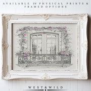 A white ornate frame showcases the French Balcony Painting—Parisian Wall Art with climbing rose illustration and ironwork. “AVAILABLE IN PHYSICAL PRINTS & FRAMED OPTIONS.” Below: “WEST & WILD ART ARCHIVE.” Archival quality guaranteed.