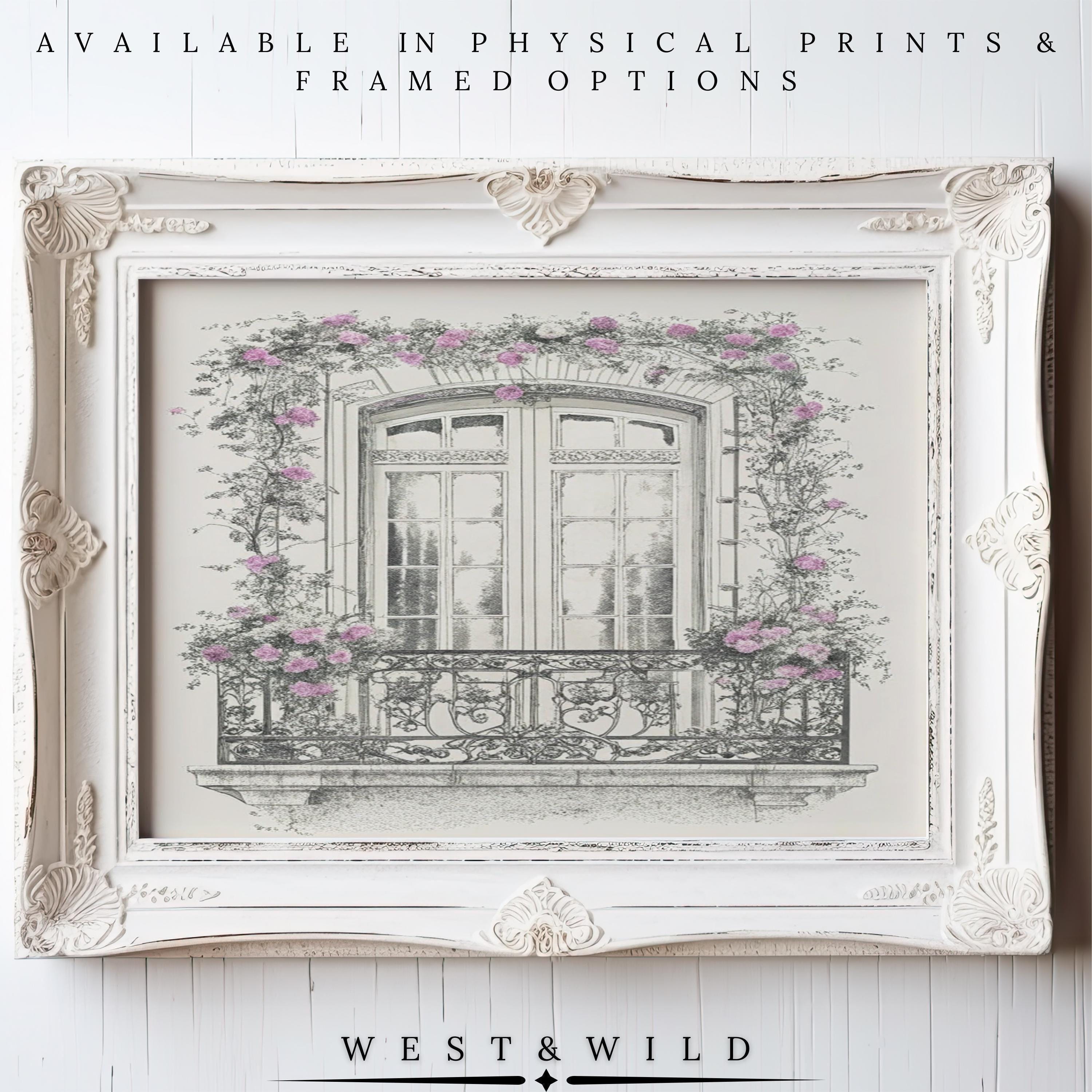 A white ornate frame showcases the French Balcony Painting—Parisian Wall Art with climbing rose illustration and ironwork. “AVAILABLE IN PHYSICAL PRINTS & FRAMED OPTIONS.” Below: “WEST & WILD ART ARCHIVE.” Archival quality guaranteed.