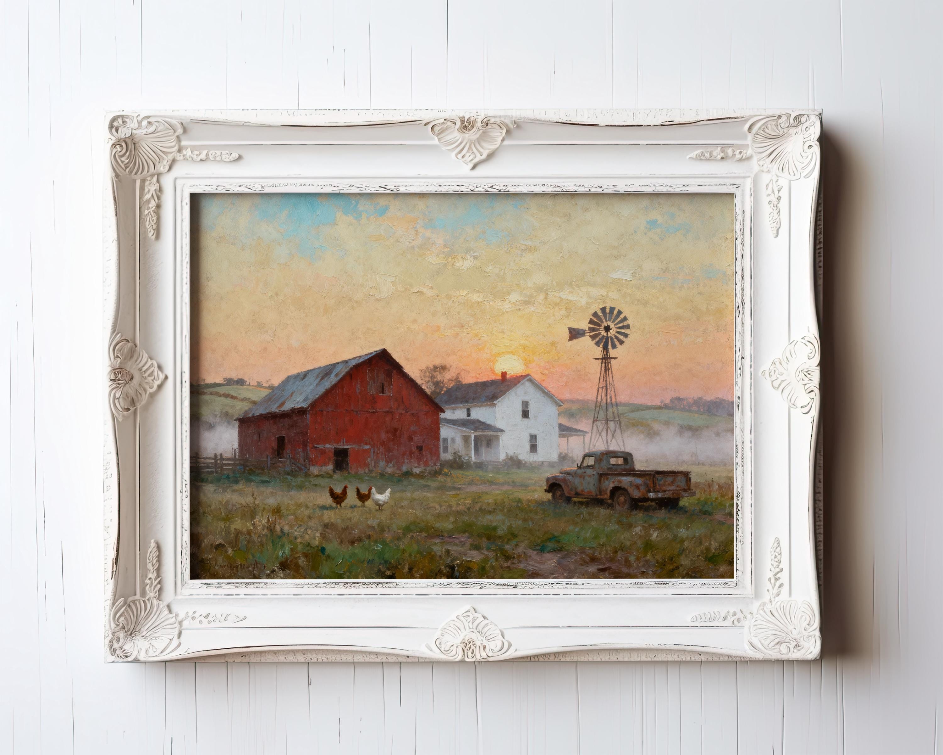 The Rustic Farmhouse Art Print features a red barn sunrise scene with chickens, available framed or unframed—vintage art from the West & Wild Art Archive, archival quality for timeless rural charm.