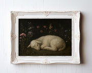 A Vintage Lamb Art Print – Sleeping Lamb Among Flowers hangs on a white wall in an ornate white antique-style frame—an archival piece from the West & Wild Art Archive.