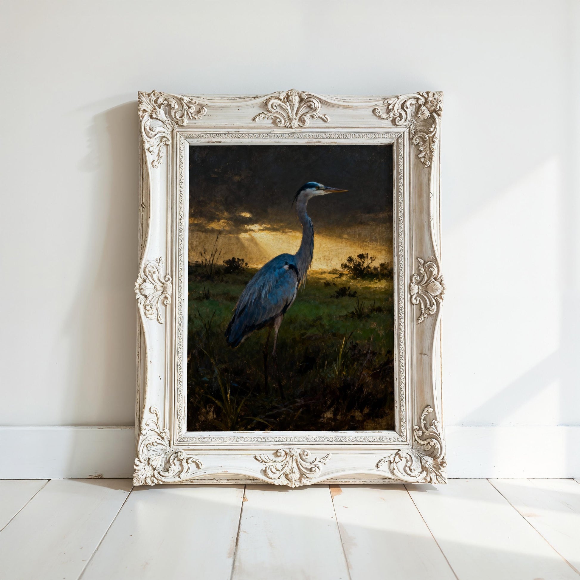 a painting of a blue heron standing in a grassy field at sunset.