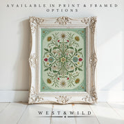 A Vintage Floral Painting from West & Wild Art is displayed in an ornate white frame on a light wood floor, with text above: Available in Print & Framed Options. Below: West & Wild. Archival quality guaranteed.