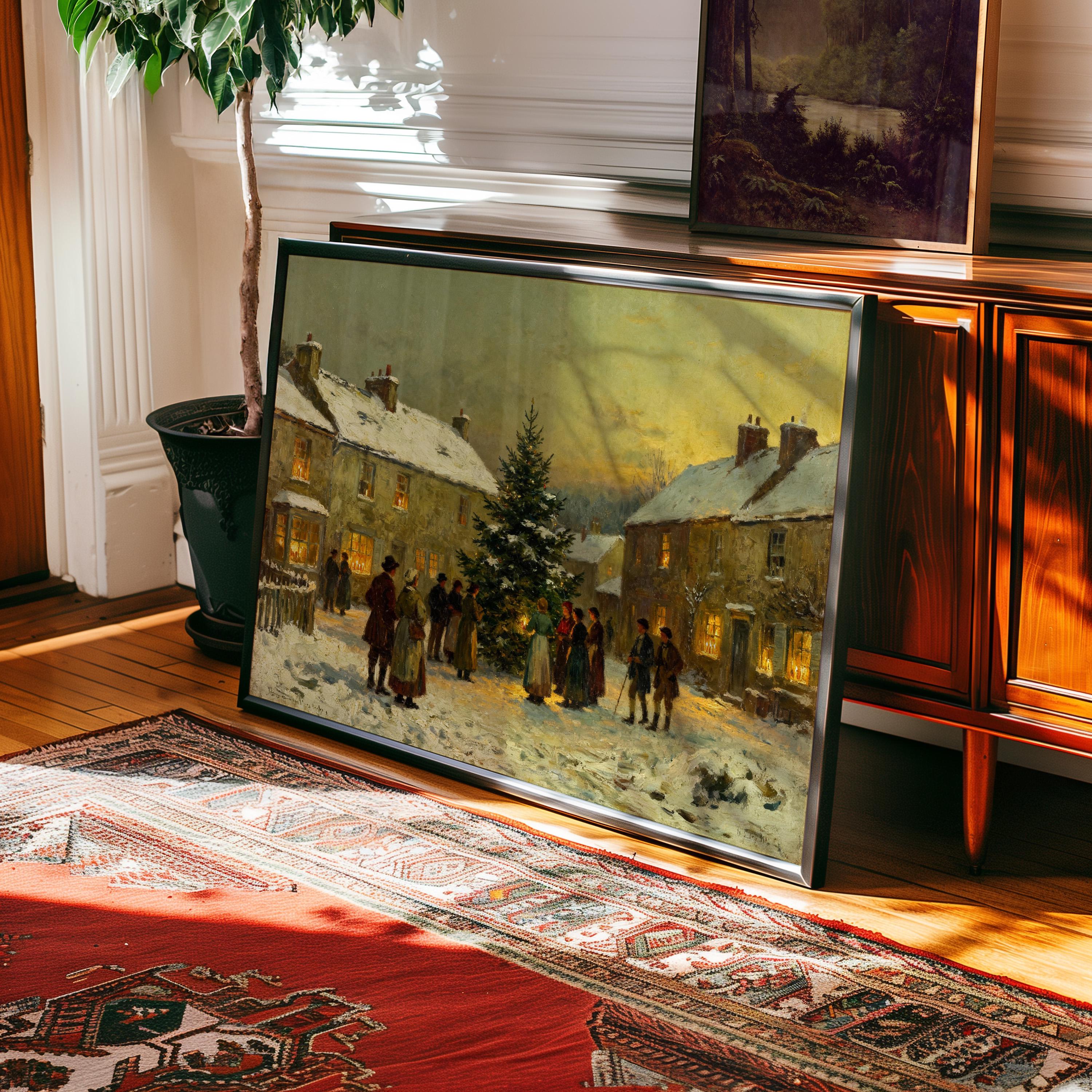 The Village Christmas Tree Art – Classic Holiday Winter Scene Wall Art (framed) is displayed against a wooden cabinet near a potted plant and red rug in a sunlit room, adding vintage charm to your holiday decor.