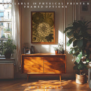 A sunlit living room with wooden cabinet, potted plants, and large framed floral artwork. Text reads: “Vintage Botanical Dahlia Print – Antique Floral Wall Art. Available as museum grade prints & framed art by WEST & WILD.”.