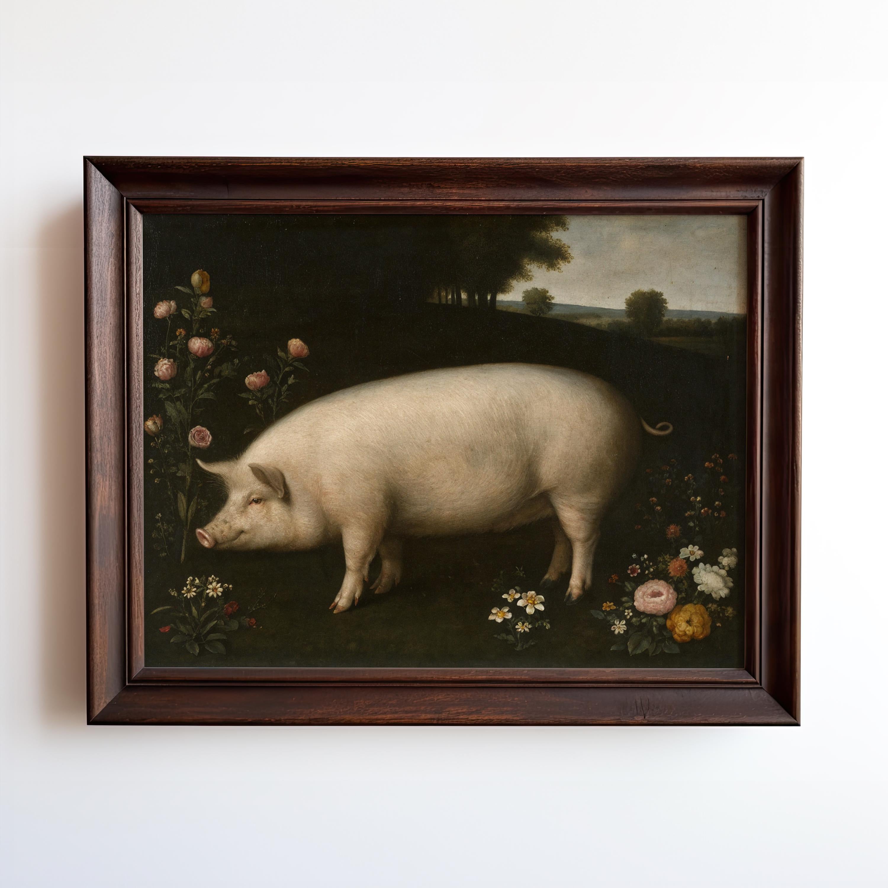 Display the Rustic Farm Animal Wall Art – a Vintage Pig Beside Roses and Meadow Flowers Print. This archival-quality framed piece adds rustic charm and vintage style to your space, showcasing a pig among roses and vibrant greenery.
