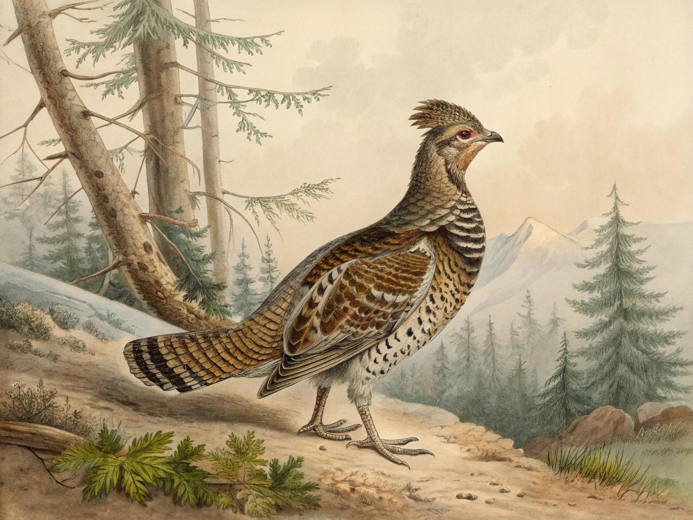 The Vintage Grouse Painting – Moody Wall Art features a ruffed grouse on forest ground, detailed in brown, white, and black. Perfect as framed bird decor for farmhouse style, this vintage art print adds rustic charm to any space.