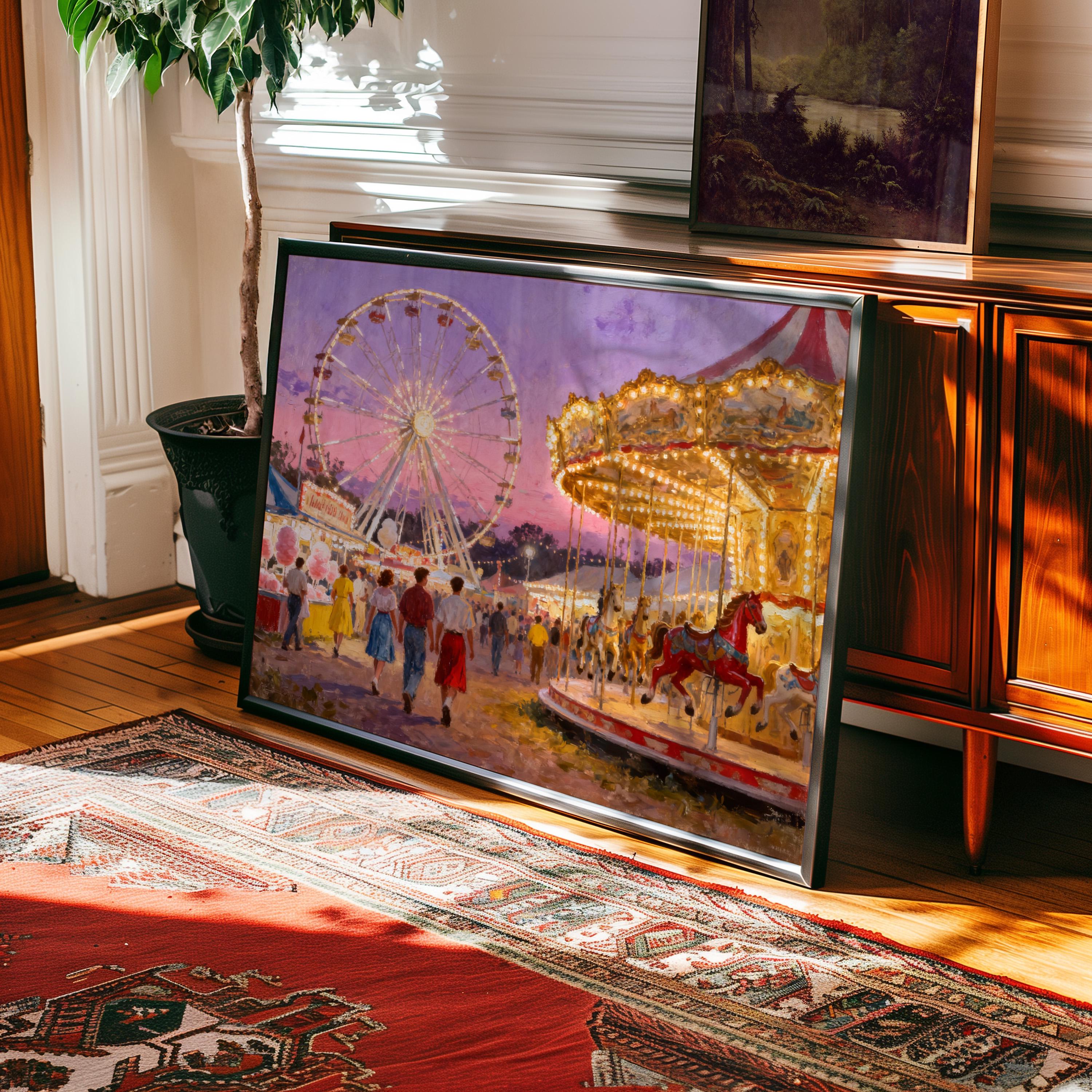 The Vintage County Fair Print—featuring a ferris wheel in a retro carnival scene—leans against a wooden cabinet beside a plant and rug, part of the Vintage Art Prints & Framed Art collection. Available framed or unframed.