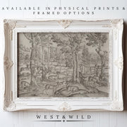 A black-and-white Rustic Primitive Wall Art – Deer Forest Print in 18th Century etching style is shown in an ornate white frame. Available as archival-quality prints and framed art by West & Wild.