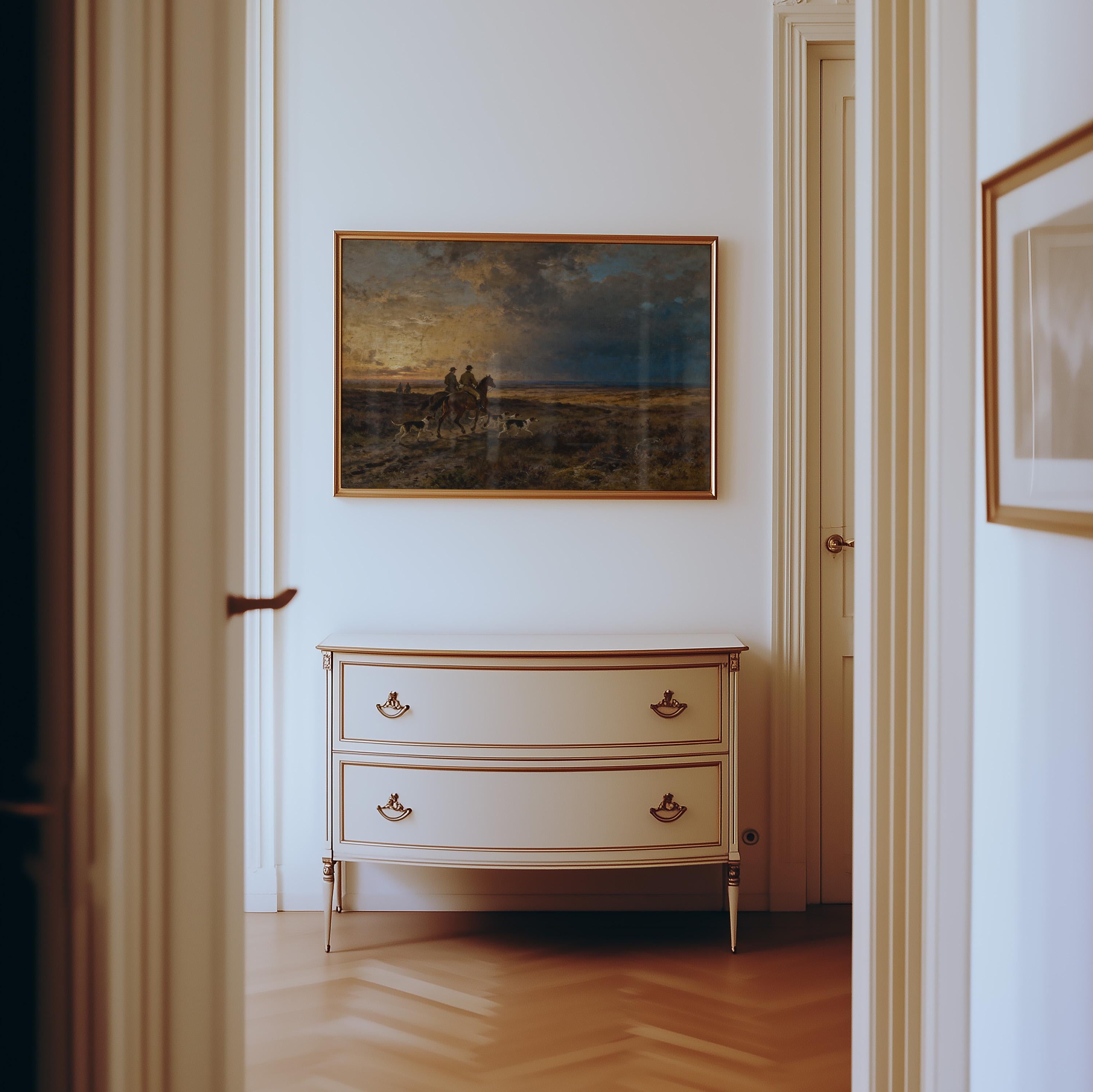 a hallway with a white dresser and a painting hanging on the wall above it.