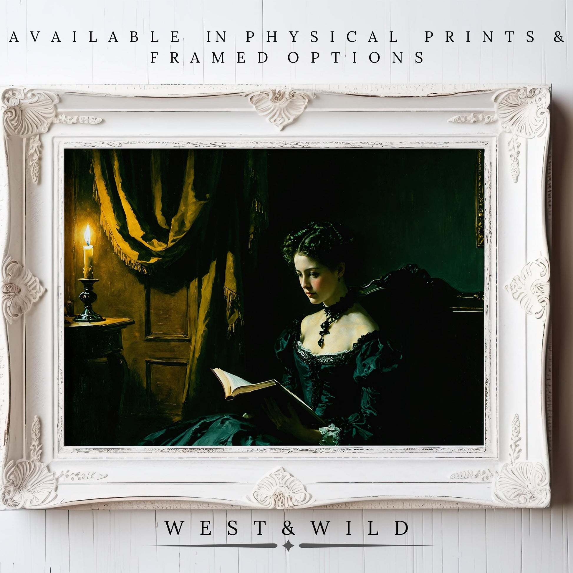 A framed “Gothic Victorian Art Print” depicting a woman in a black dress reading by candlelight is displayed on a white wooden wall. Available as vintage art prints & framed art from West & Wild Art Archive.