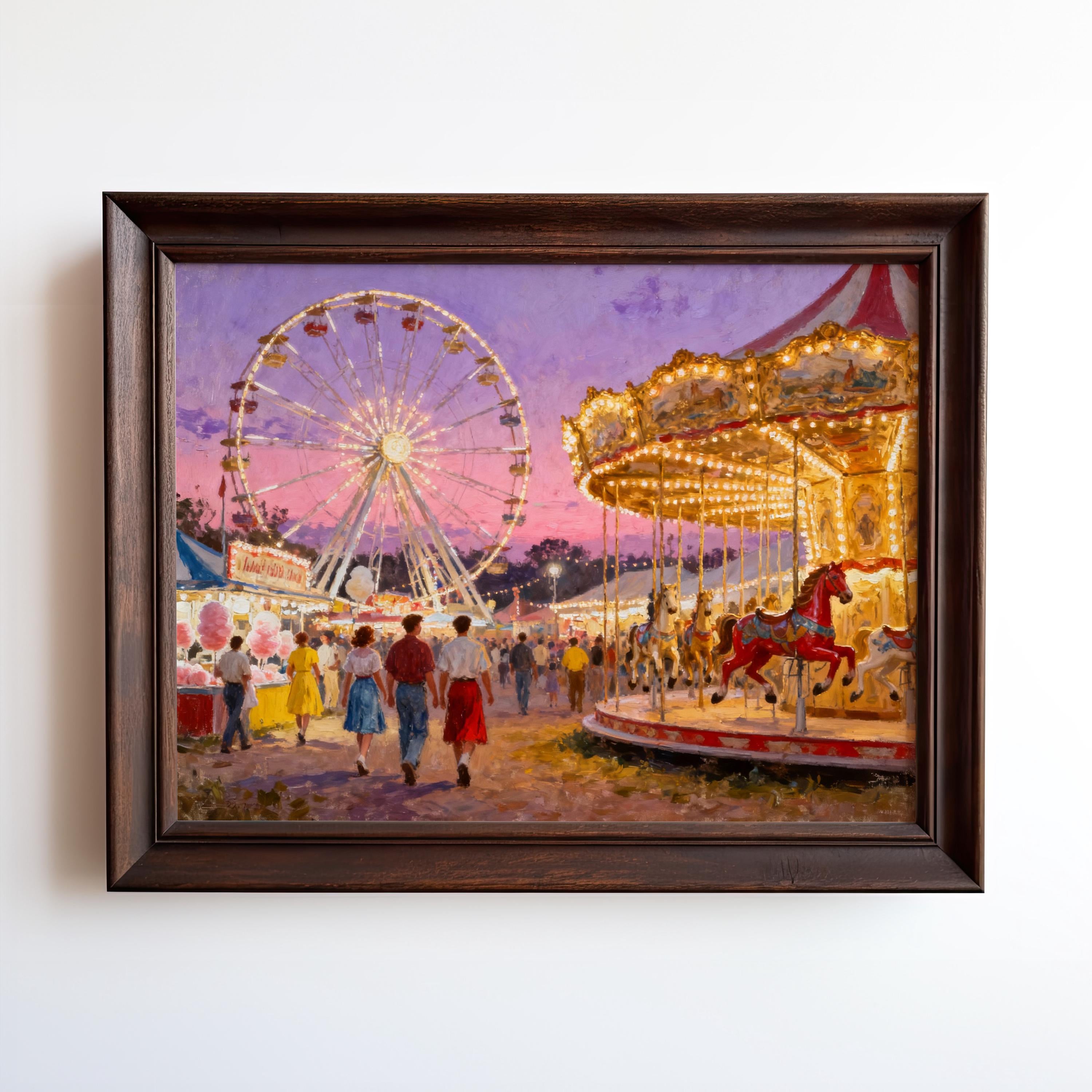 Vintage County Fair Print – a retro carnival poster with Ferris wheel and lively fairground at sunset, available framed or unframed—vibrant lights and festive scene from the West & Wild Art Archive.