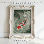 Koi Fish Art Print - Vibrant Single Koi Painting | Tranquil Aquatic Wall Art: Japanese-style framed print with a colorful koi swimming among green leaves, propped against a white wall. Available in prints & framed options by West & Wild.
