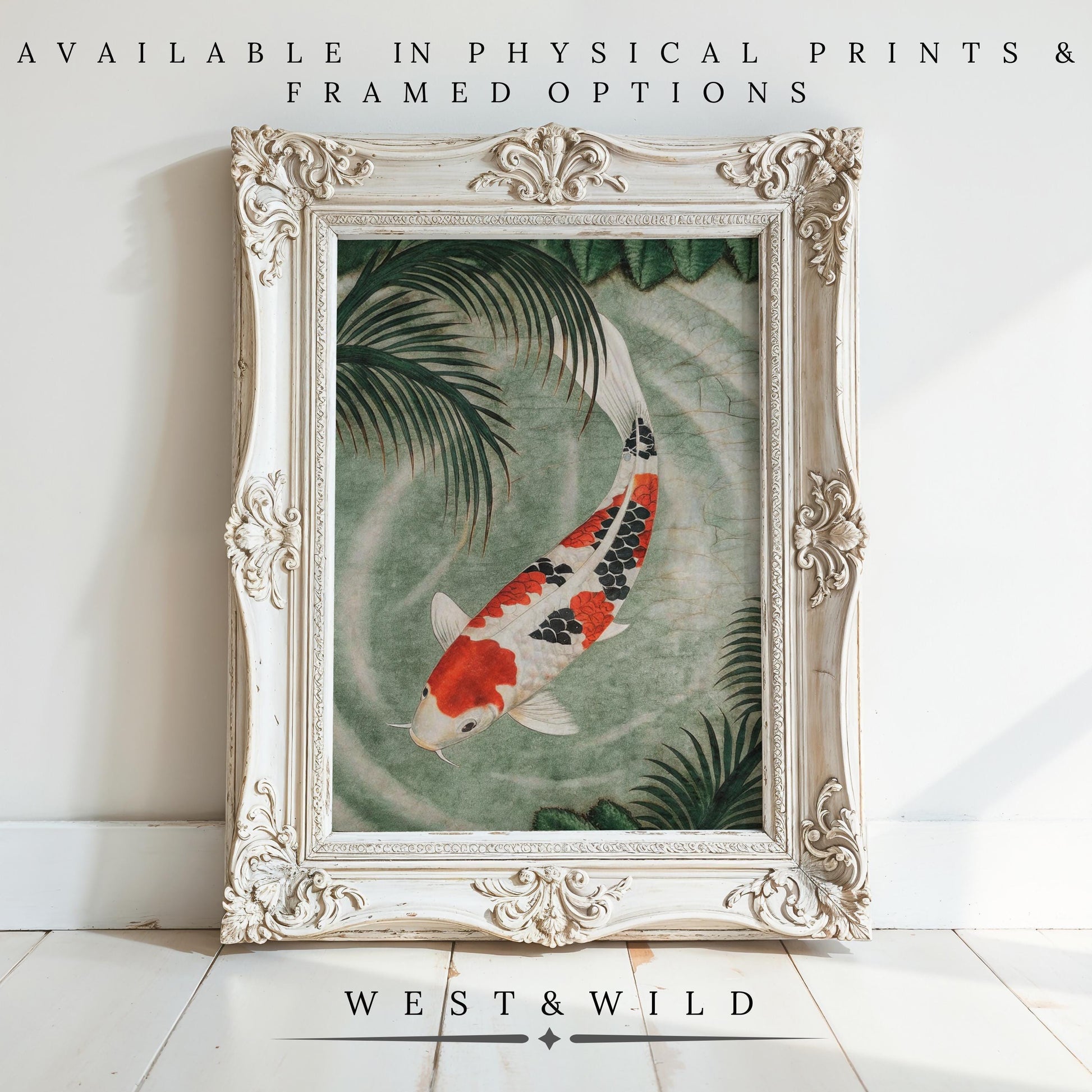 Koi Fish Art Print - Vibrant Single Koi Painting | Tranquil Aquatic Wall Art: Japanese-style framed print with a colorful koi swimming among green leaves, propped against a white wall. Available in prints & framed options by West & Wild.