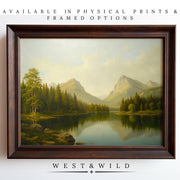 The Mountain Lake Wall Art – Forest Landscape Painting features a vintage moss green landscape of a serene lake with trees and mountains, available as archival-quality prints and framed art from West & Wild Art Archive.
