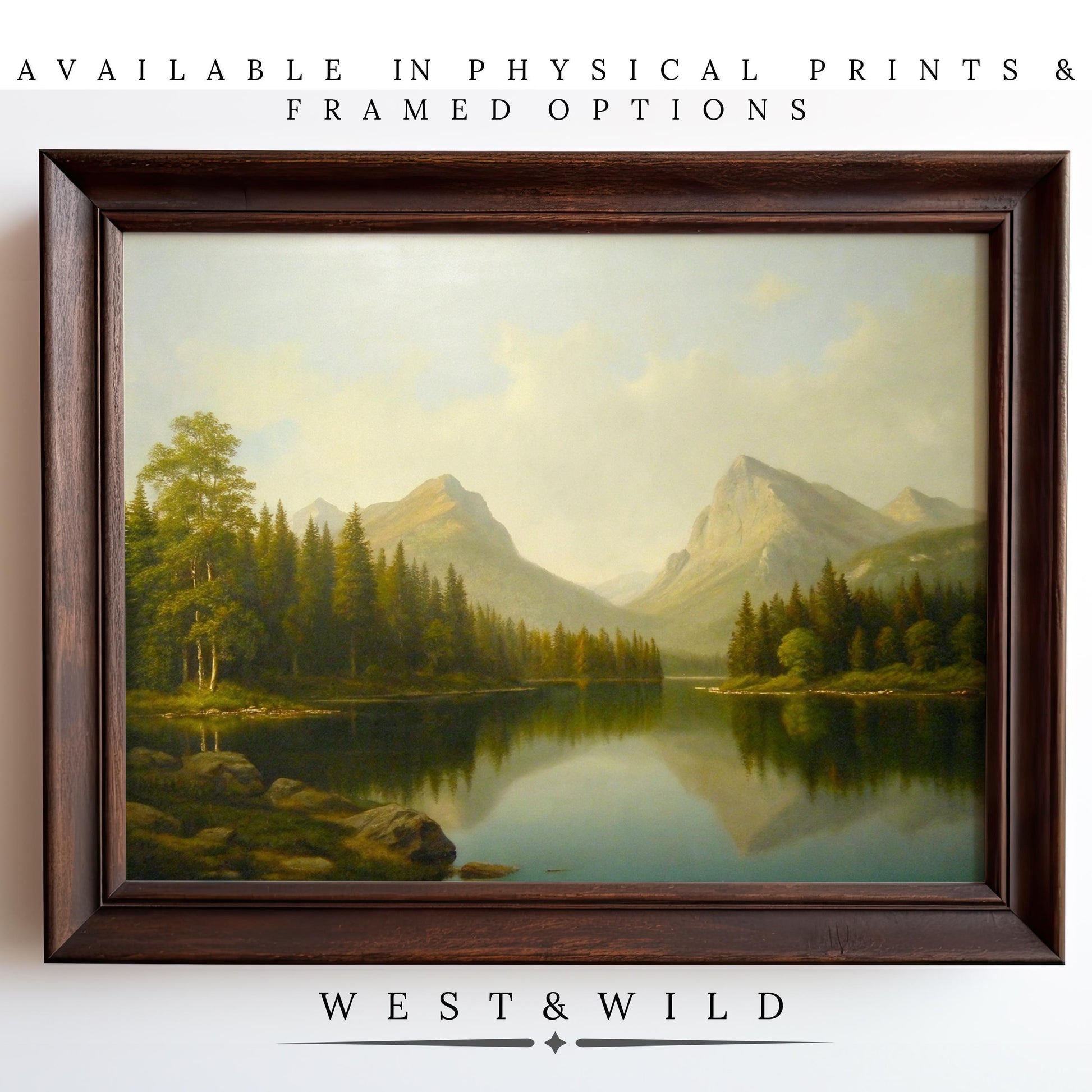 The Mountain Lake Wall Art – Forest Landscape Painting features a vintage moss green landscape of a serene lake with trees and mountains, available as archival-quality prints and framed art from West & Wild Art Archive.