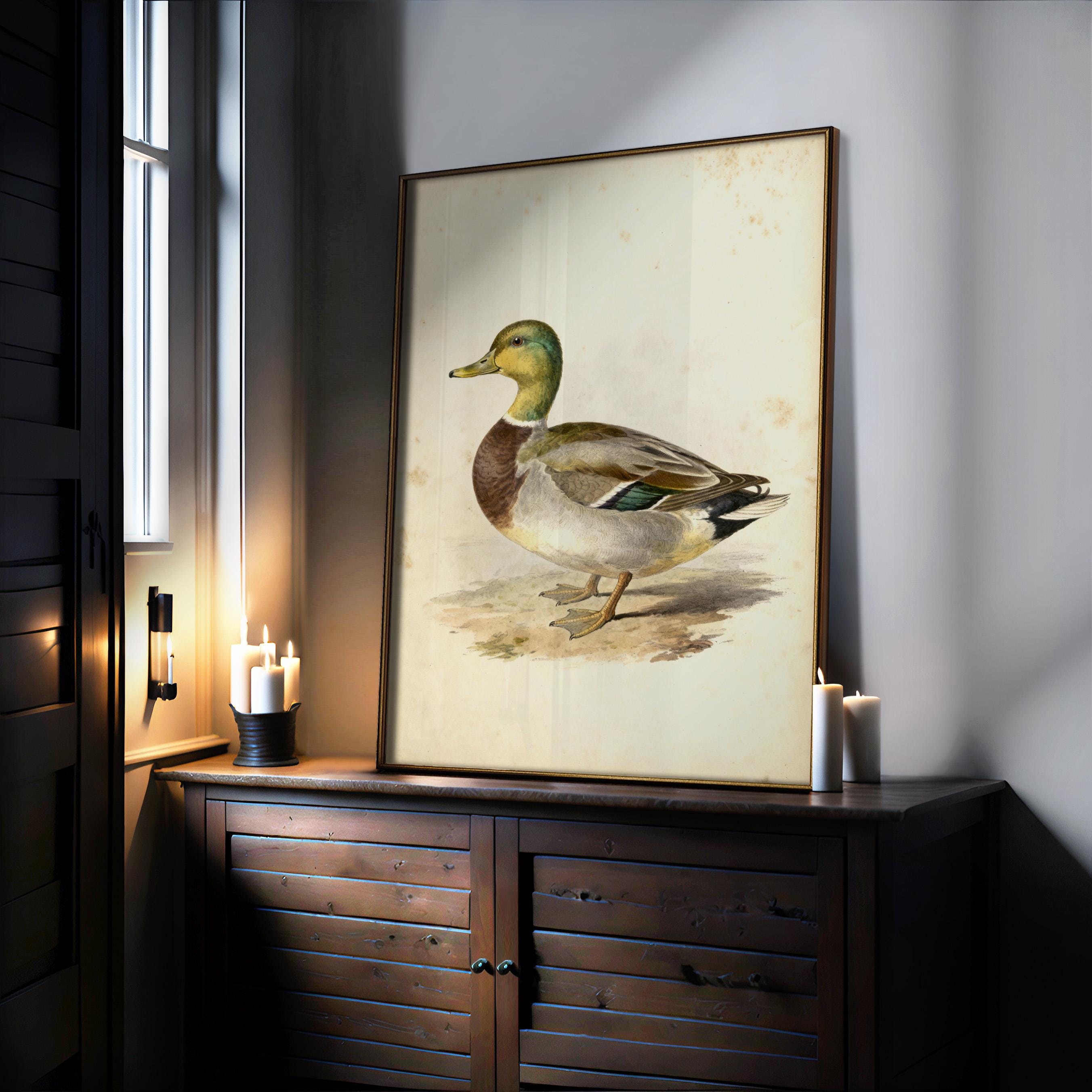 a wooden cabinet with a framed painting of a duck on top of it, placed near a window with candles on the windowsill.