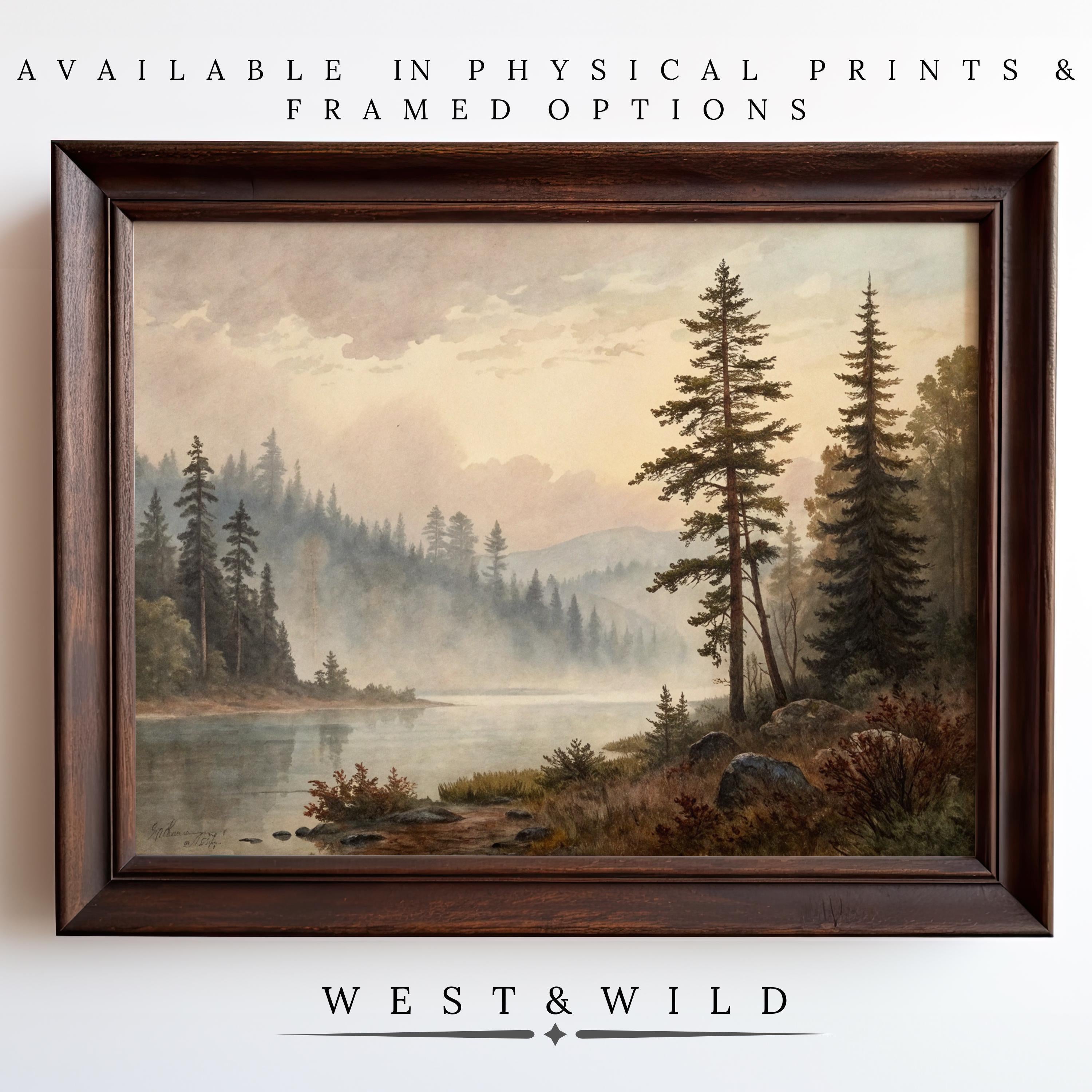 The Misty Lake Art Painting—featuring pine forest and serene water—showcases our Archival Quality Vintage Art Print collection. Available framed, it’s perfect rustic cabin decor from the West & Wild Art Archive.
