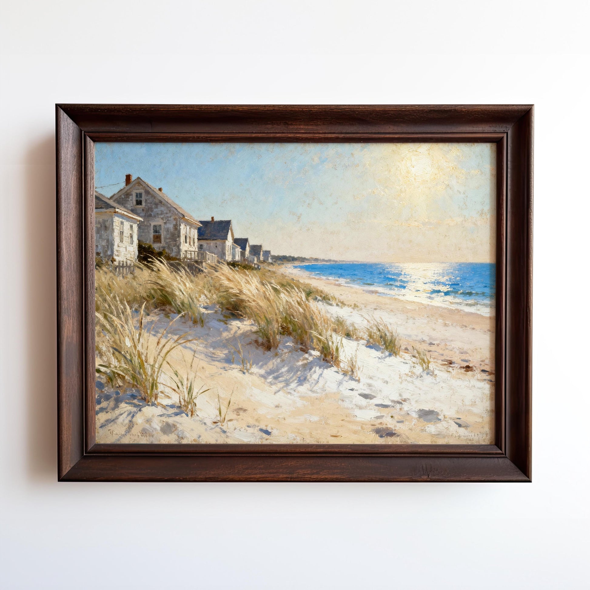 The image is a painting of a beach scene with houses and dunes along the shoreline.