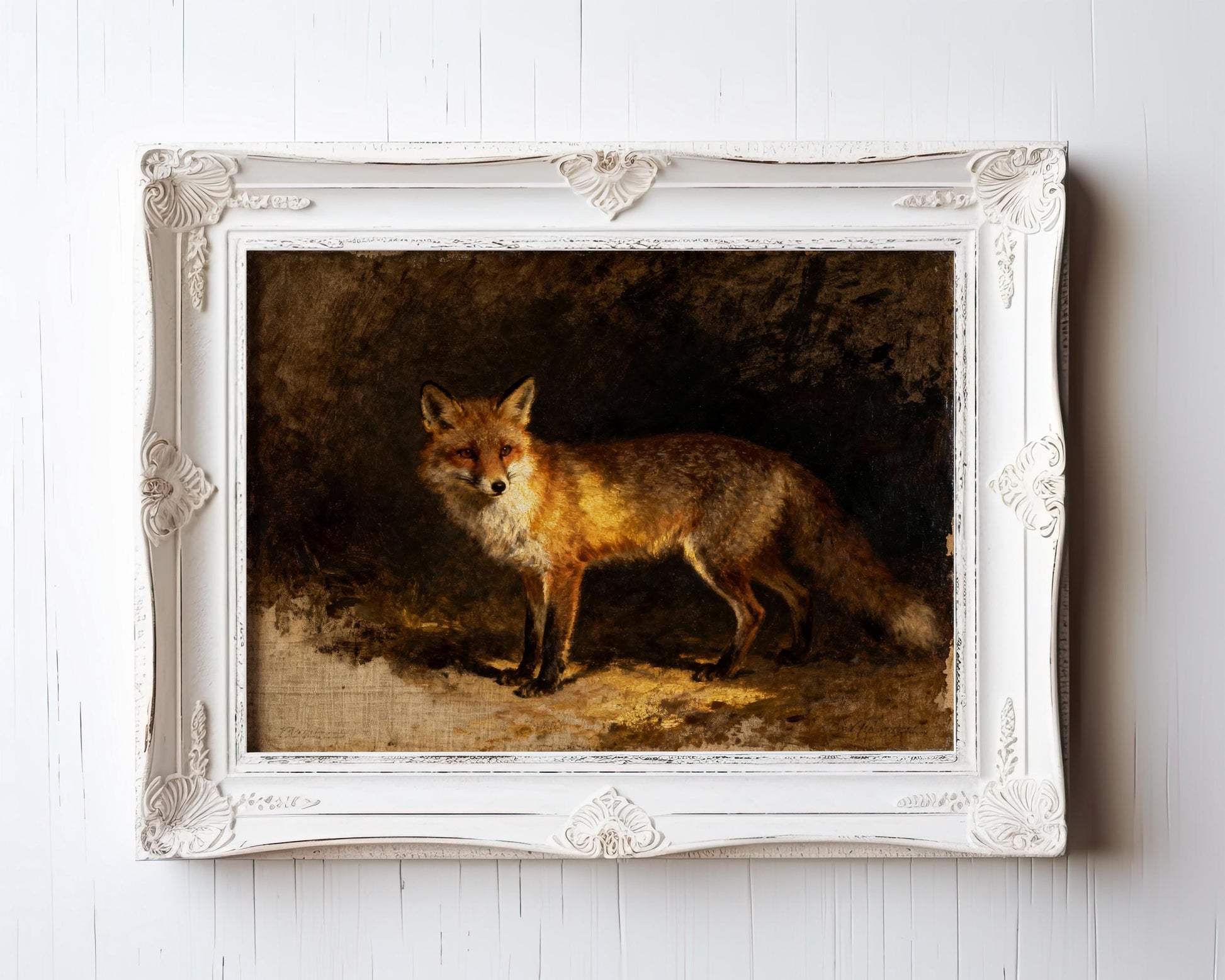 The Vintage Wildlife Art Print – Red Fox Wall Art features a striking fox on a dark background, set in an ornate white frame against a white wooden wall—perfect as a rustic home decor accent.