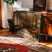 The Vintage European Cafe Print – Classic Marble Floor Art with Warm Light & Chandeliers adds archival quality charm beside a cabinet, patterned rug, and potted plant, filling the sunlit room with timeless elegance.