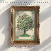 A framed Vintage Tree Print – Apple Tree Illustration hangs on a white wall. Available as prints or framed art from West & Wild Art Archive. Add Victorian charm to your country home with this true vintage-inspired wall art.