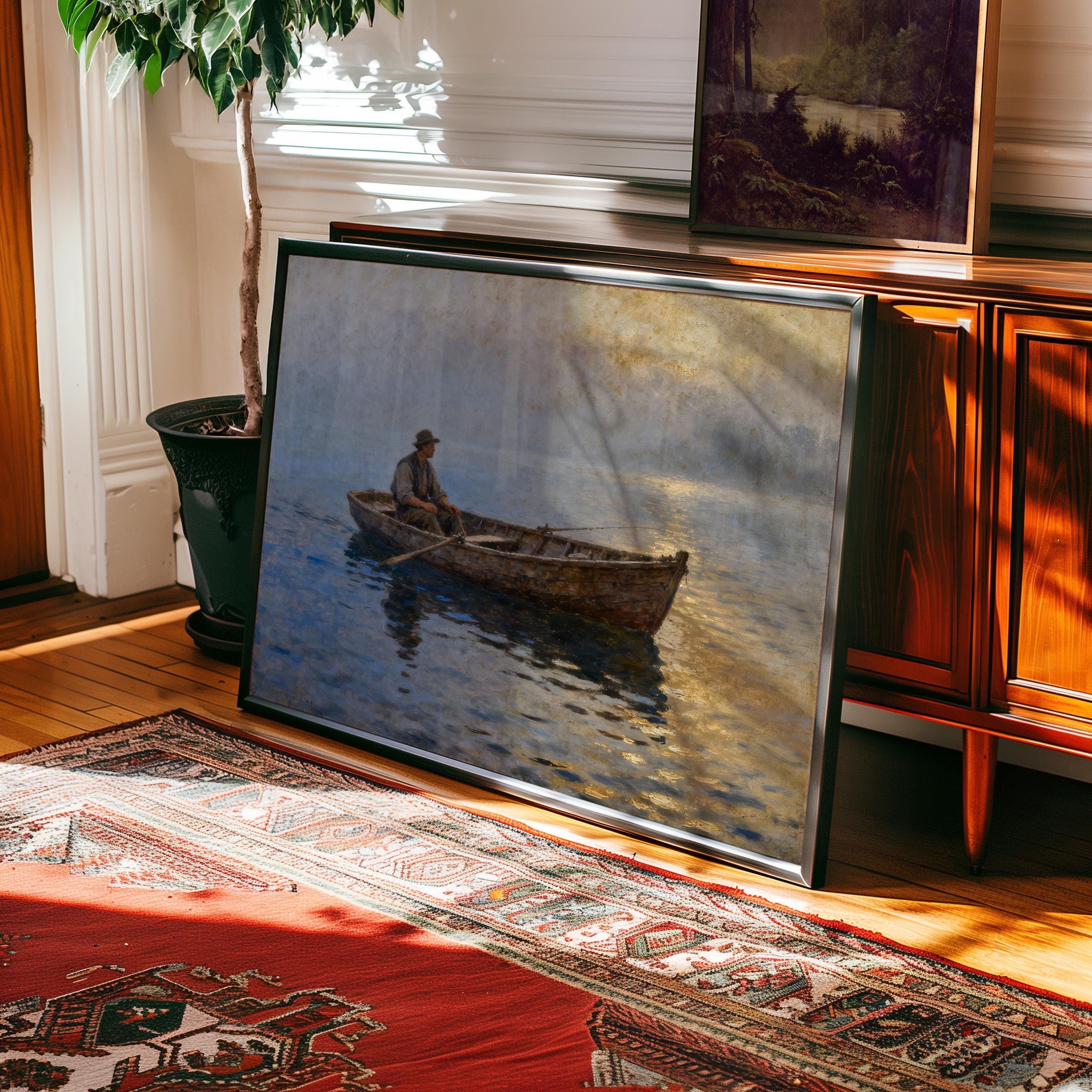 a large painting of a man rowing a boat on a body of water, with a wooden cabinet and a rug in the foreground.