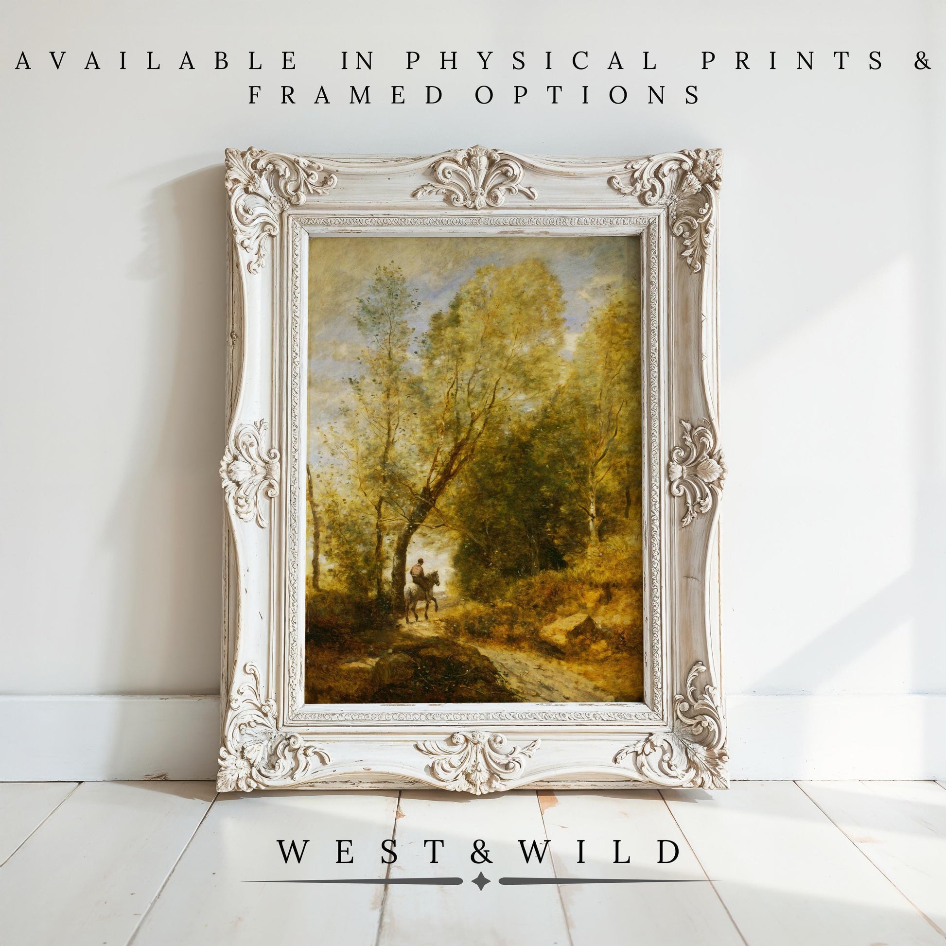 A white-framed "19th Century Oil Painting - Muted Landscape Art | Classic Fall Wall Art Framed Print" stands against a white wall. Text above reads Available in physical prints & framed options, with West & Wild Art Archive below.