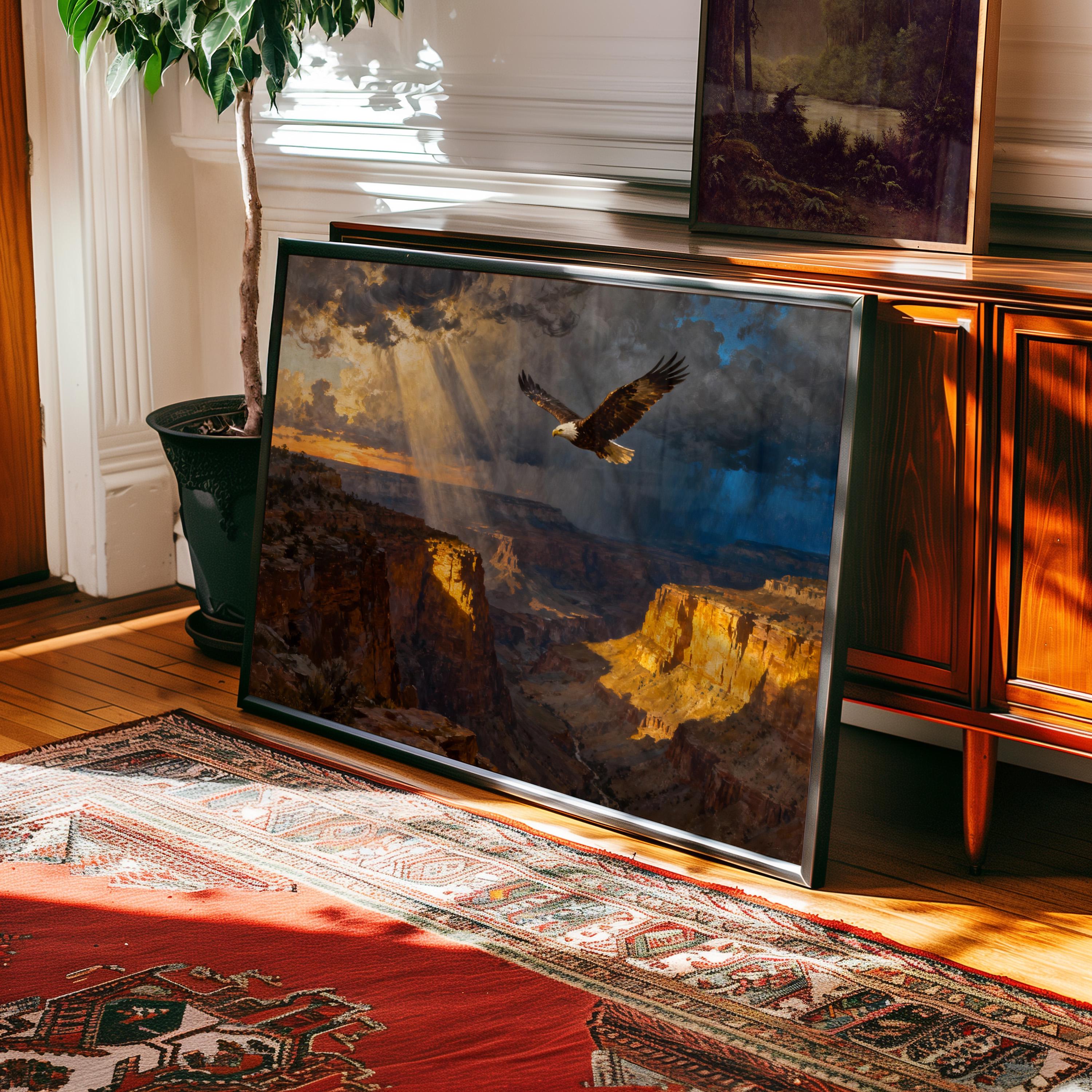 a large framed painting depicting a majestic eagle soaring over a rugged, mountainous landscape.