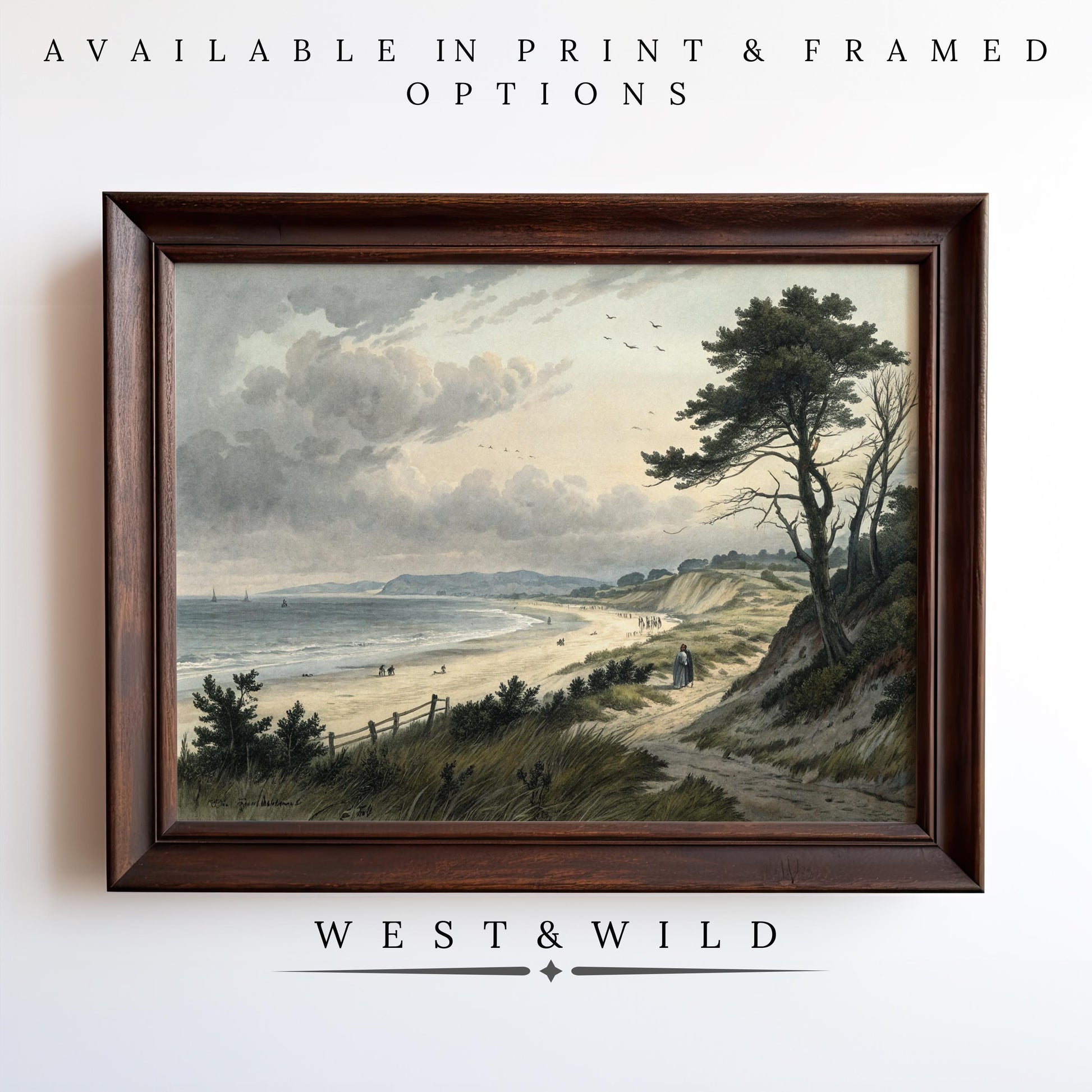 Vintage Seaside Wall Art features a Victorian beach scene with sandy paths, trees, walkers, and the sea. Available as antique-style vintage art prints or framed art. Product by West & Wild.