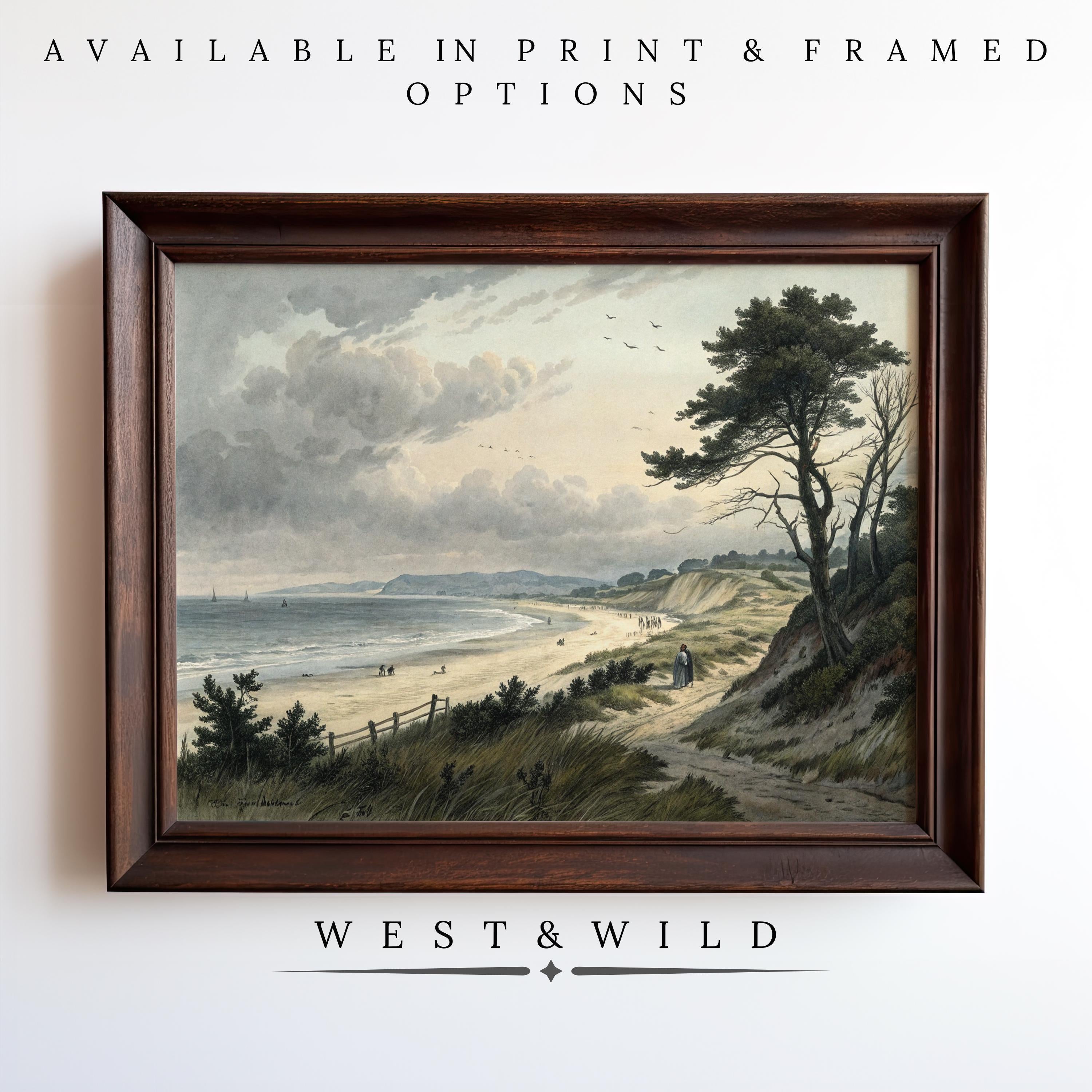 Vintage Seaside Wall Art features a Victorian beach scene with sandy paths, trees, walkers, and the sea. Available as antique-style vintage art prints or framed art. Product by West & Wild.
