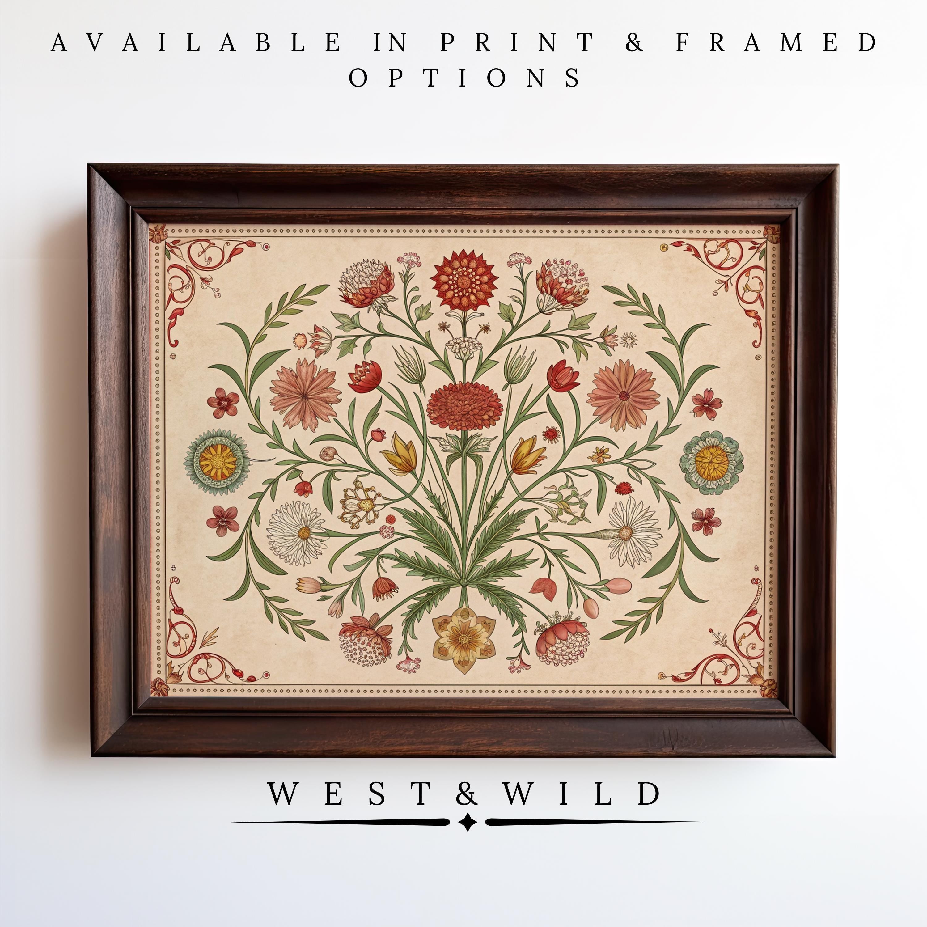 A framed Vintage Botanical Art print features colorful floral and green foliage on a white wall. Text above reads Available in archival quality print & framed options, and below reads Vintage Botanical Art - Framed Floral Painting.