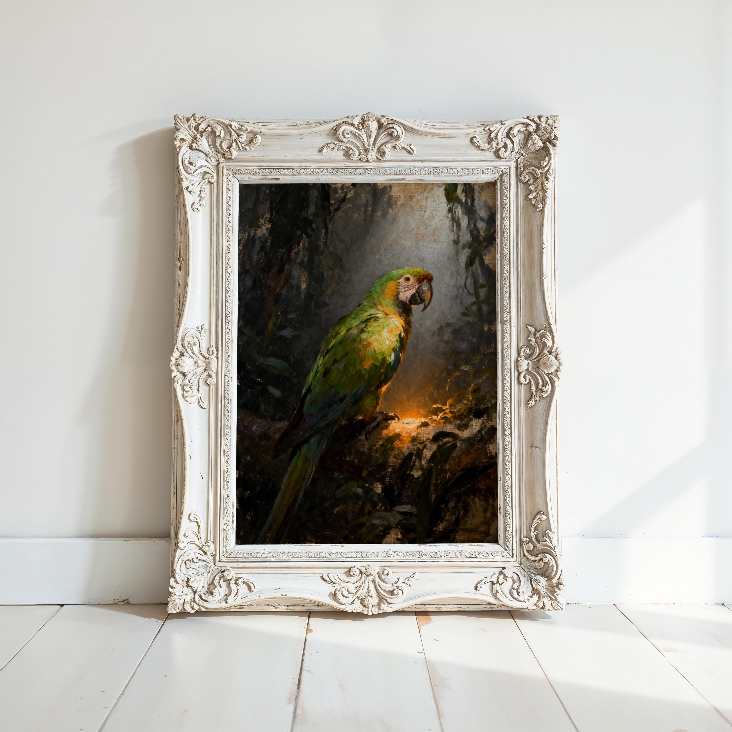 A framed painting of a vibrant green parrot perched on a branch, set against a dark background.