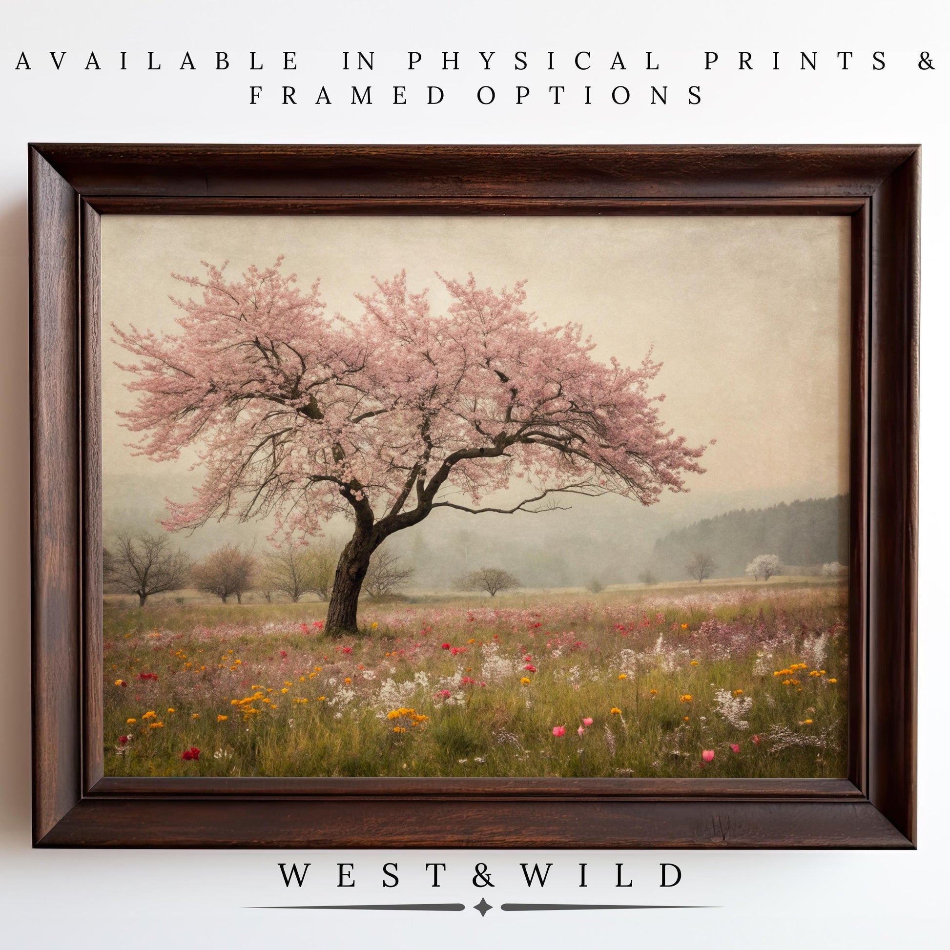 Cherry Tree Blossom Art features a vintage print of a pink cherry tree in a wildflower meadow with misty hills, available as archival-quality prints and framed art from the West & Wild Art Archive.