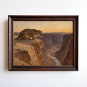 Oil painting of a mountain lion on a desert canyon cliff at golden hour