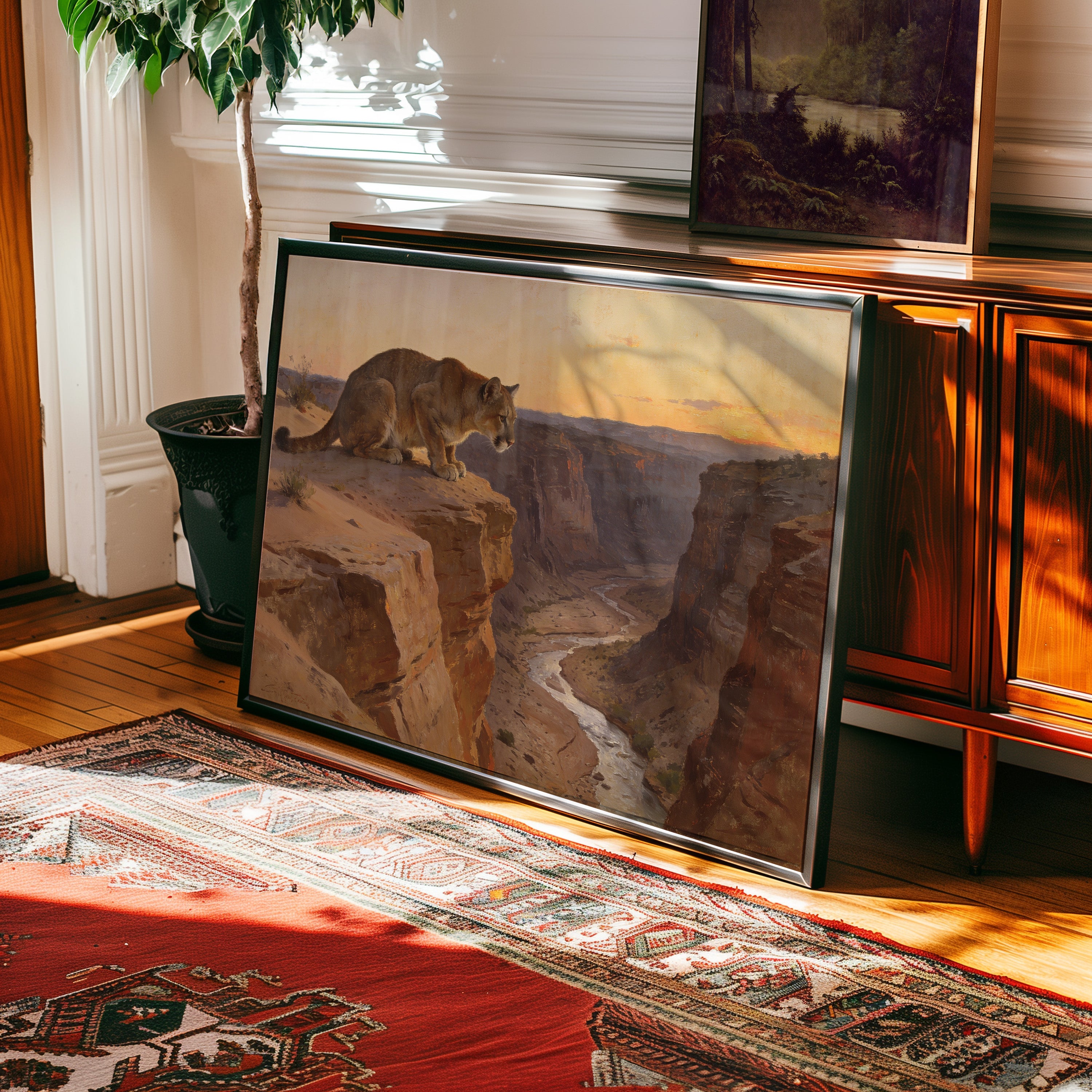 Oil painting of a mountain lion on a desert canyon cliff at golden hour — view 2