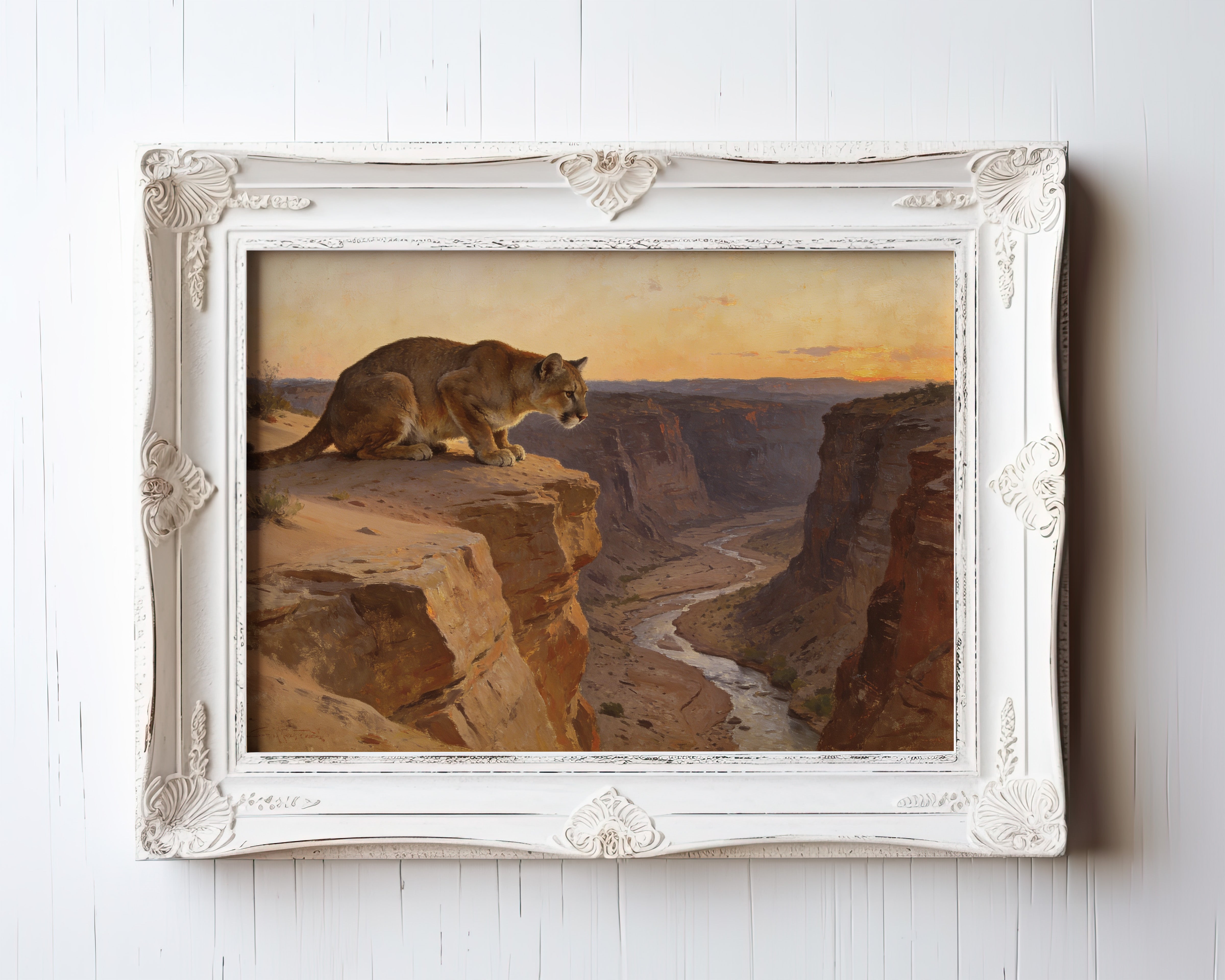 Oil painting of a mountain lion on a desert canyon cliff at golden hour — view 3