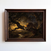 Oil painting print of a raccoon on a moonlit branch above a misty valley
