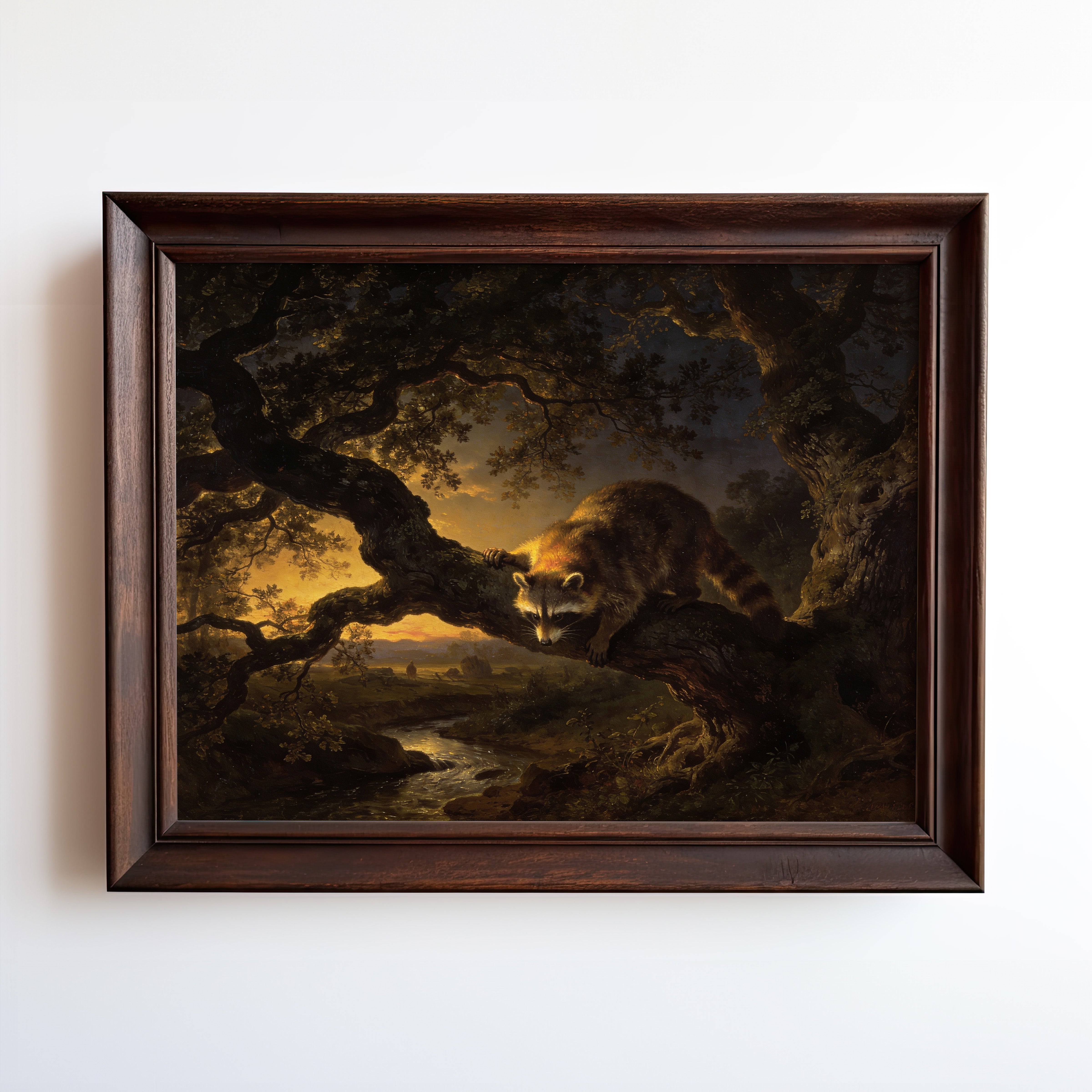 Oil painting print of a raccoon on a moonlit branch above a misty valley