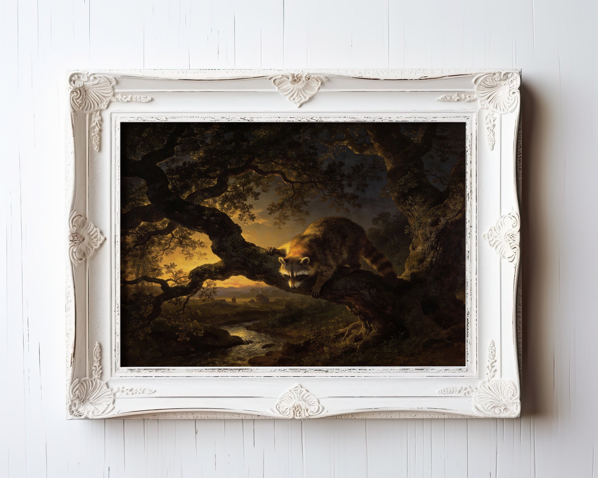 Oil painting print of a raccoon on a moonlit branch above a misty valley — view 3