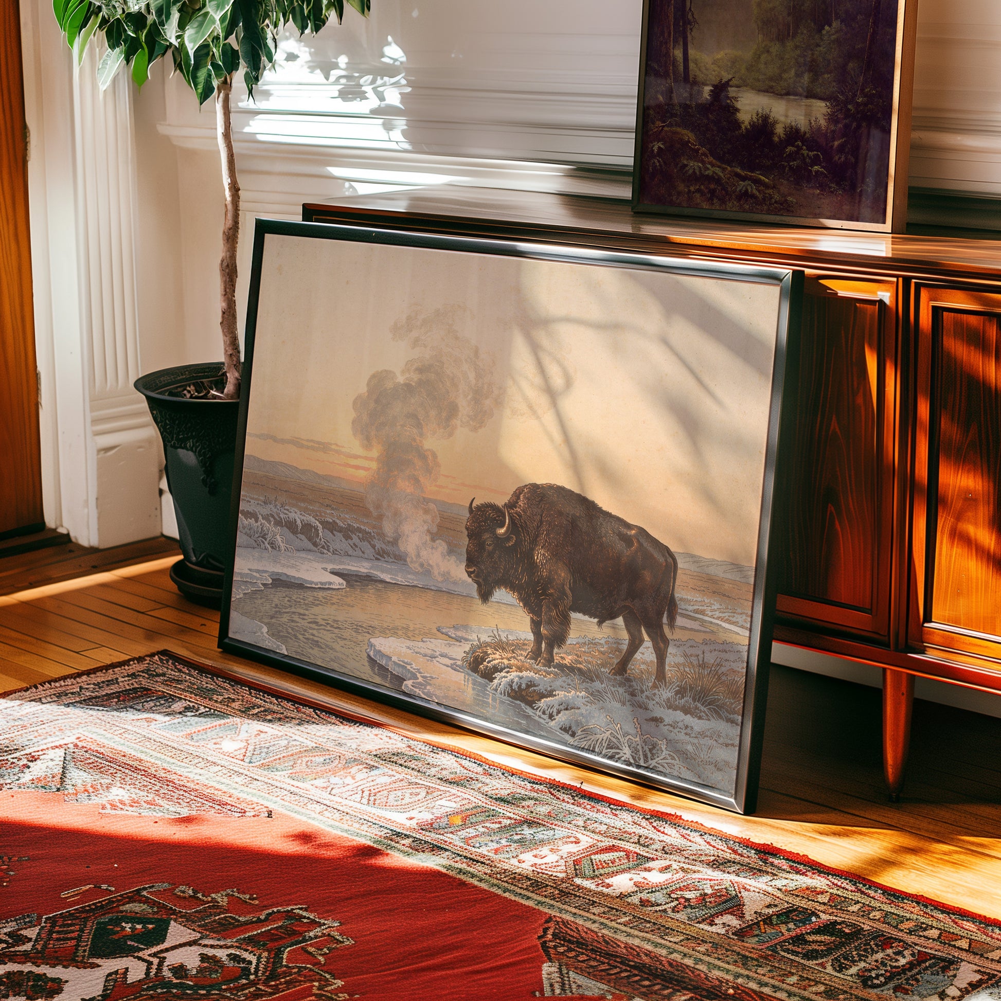 Vintage travel-poster print of a bison beside a frozen river at sunrise — view 2