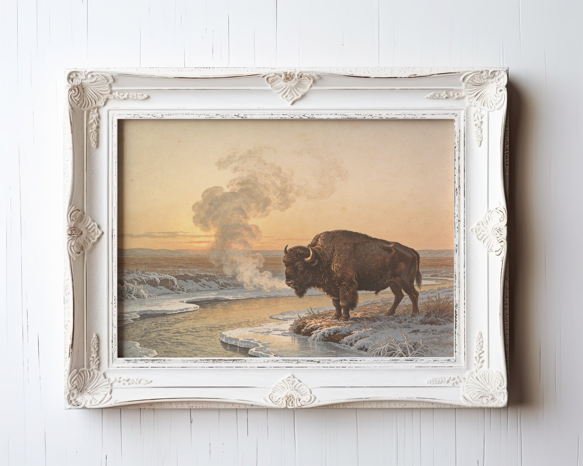 Vintage travel-poster print of a bison beside a frozen river at sunrise — view 3